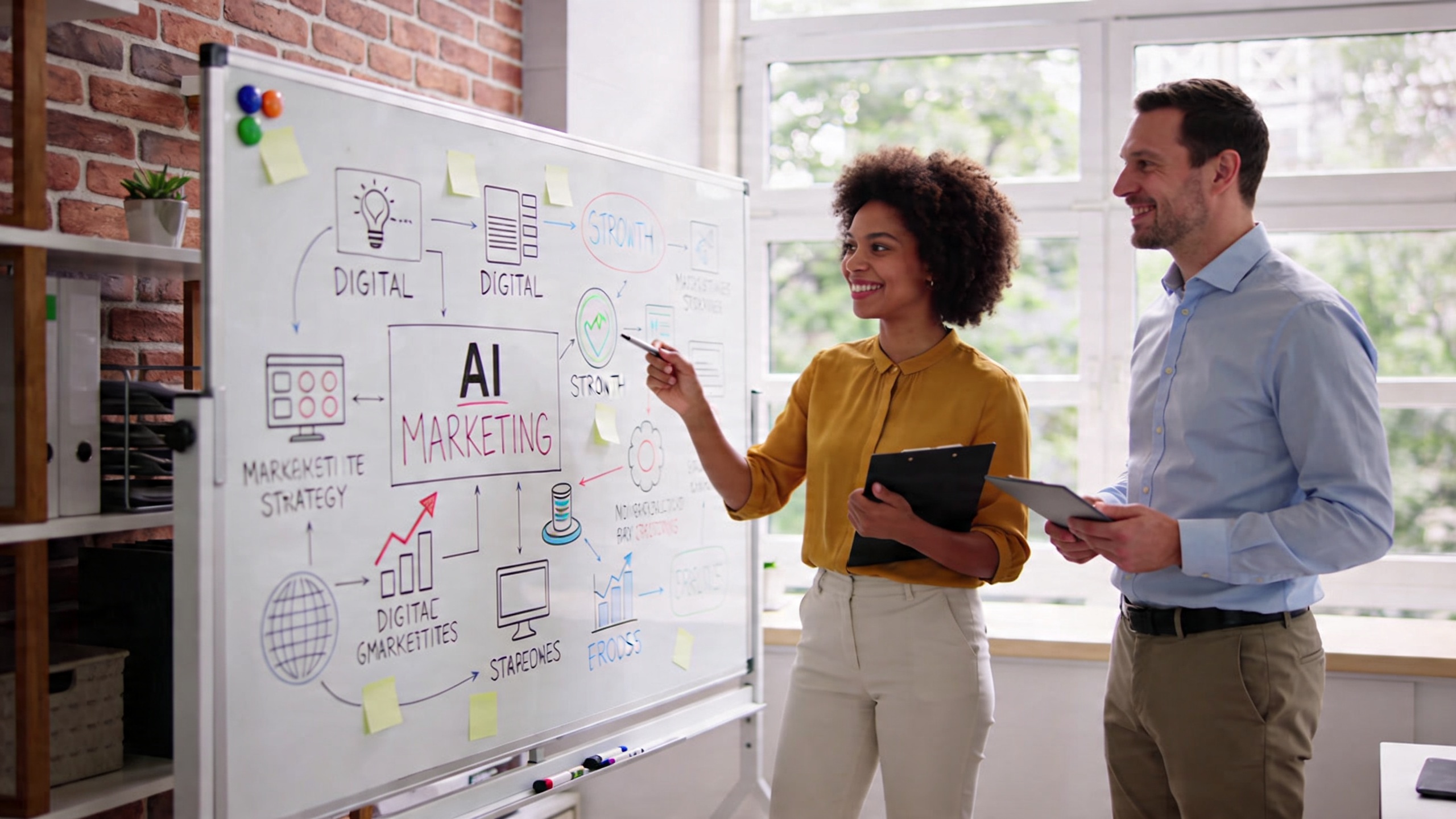 Coach femme et homme souriants regardant un tableau blanc rempli d'idées et de stratégies de marketing digital, avec des symboles d'IA et de croissance, dans un bureau moderne et lumineux, ambiance collaborative et innovante, style photo éditorial