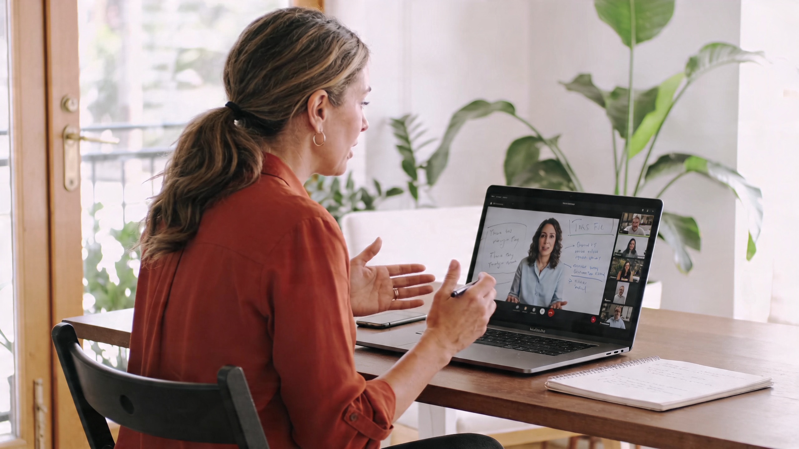 Coach en pleine séance de coaching vidéo avec un client, l'écran de l'ordinateur affichant une interface de visioconférence avec des notes et des schémas, ambiance studieuse et connectée, lumière naturelle du jour, style photo éditorial magazine