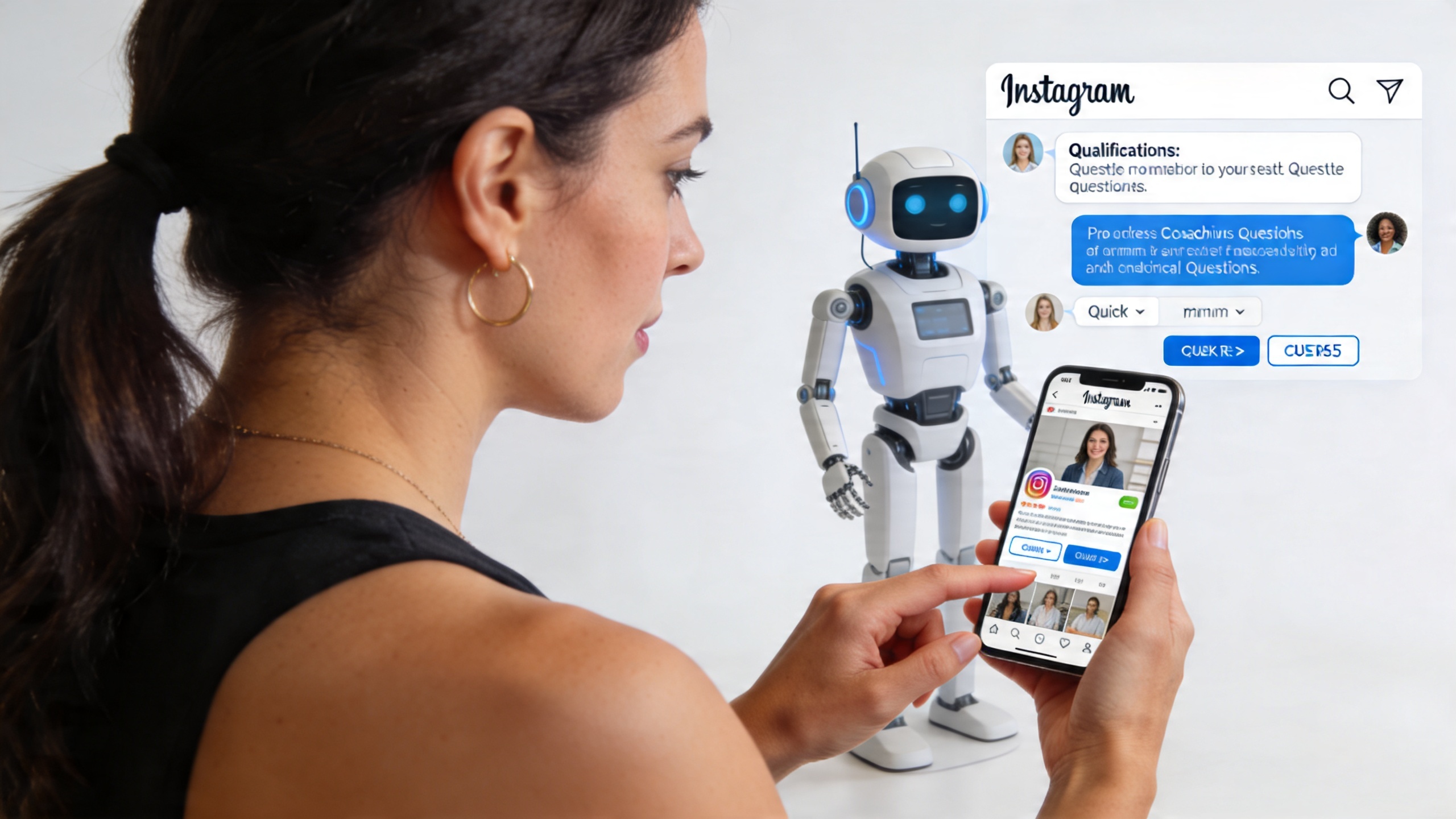 Coach interagissant avec un chatbot Instagram sur son smartphone, l'interface du chatbot montrant des questions de qualification et des options de réponse rapide, ambiance d'efficacité et de modernité, style photo éditorial magazine