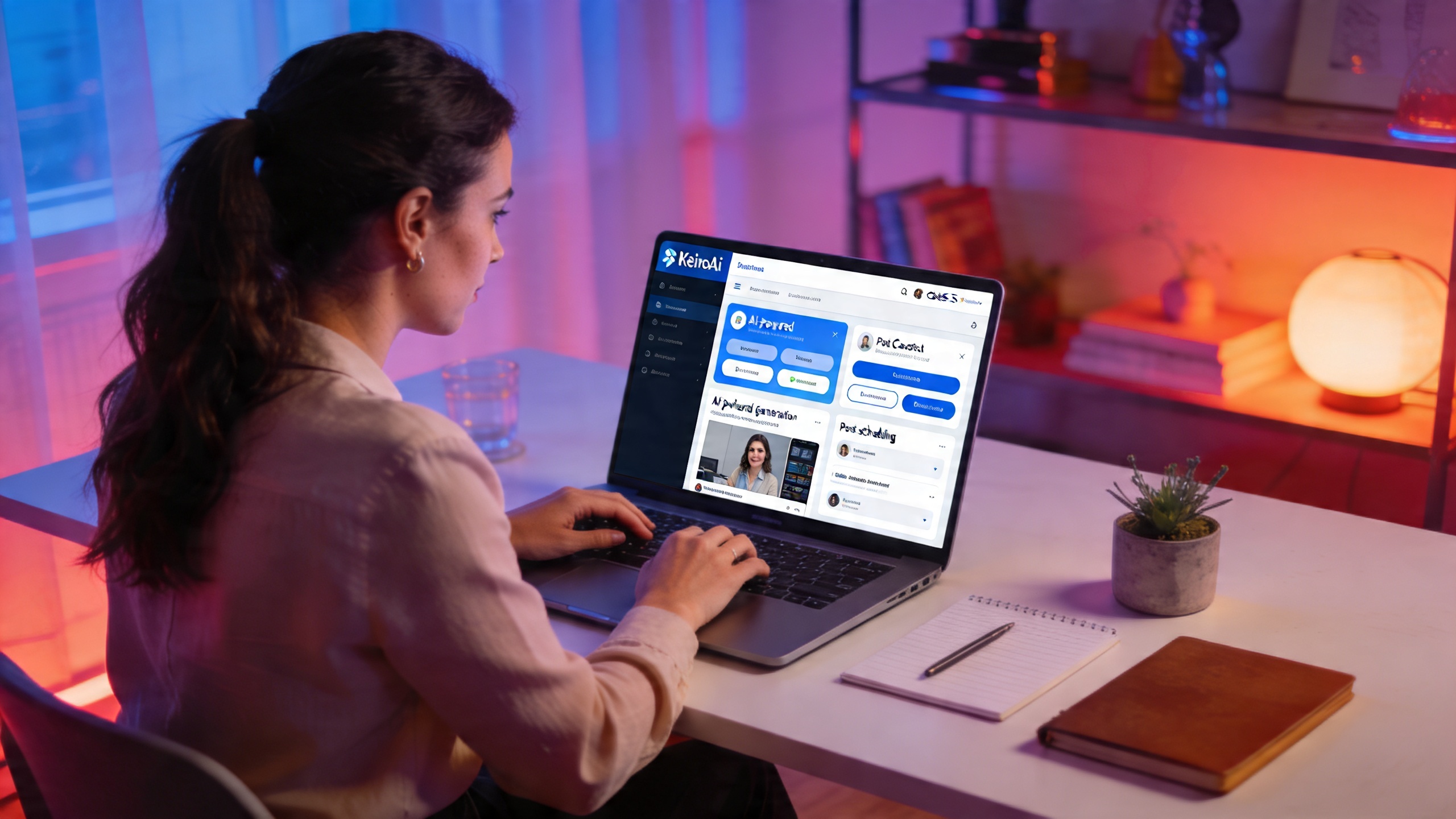 Entrepreneur coach travaillant efficacement sur son ordinateur portable, l'écran affichant l'interface intuitive de KeiroAI avec des options de génération de visuels et de planification de posts, ambiance productive et futuriste, lumière douce, style photo éditorial magazine