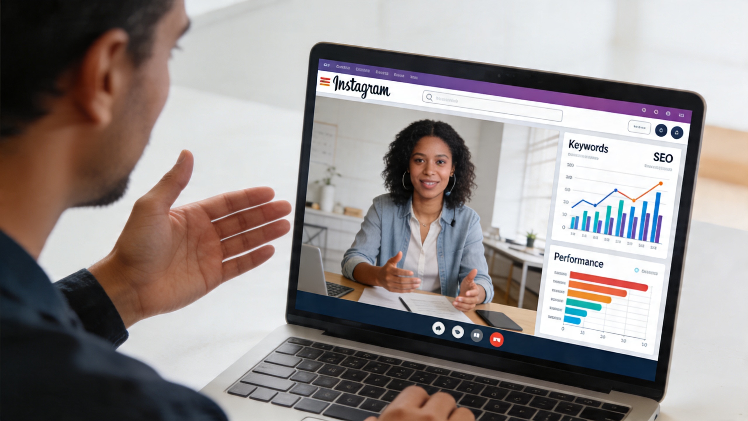 Coach expliquant des stratégies de SEO Instagram à un entrepreneur local via un appel vidéo, avec des graphiques d'analyse de mots-clés et de performance affichés sur l'écran partagé, style photo réaliste éditorial