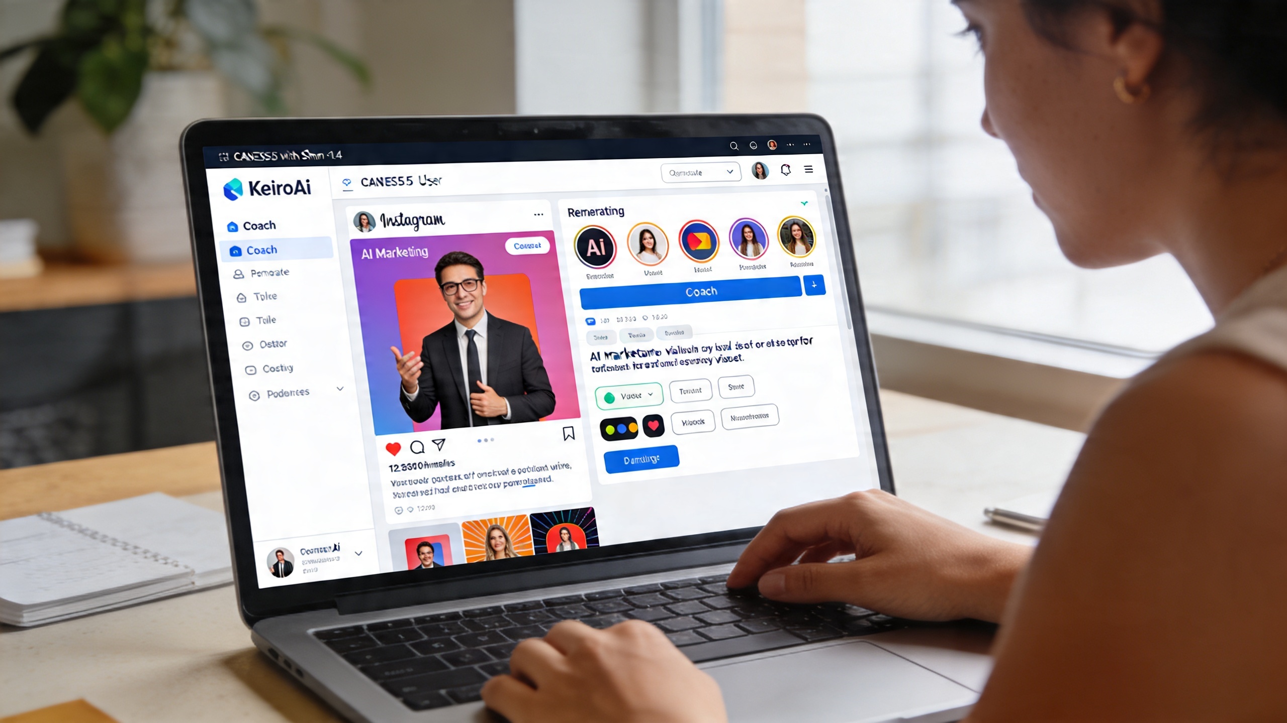 Interface utilisateur de KeiroAI montrant un coach utilisant la plateforme pour générer un visuel marketing par IA pour un post Instagram, avec des options de style et de texte, ambiance de travail efficace et moderne, style capture d'écran de produit