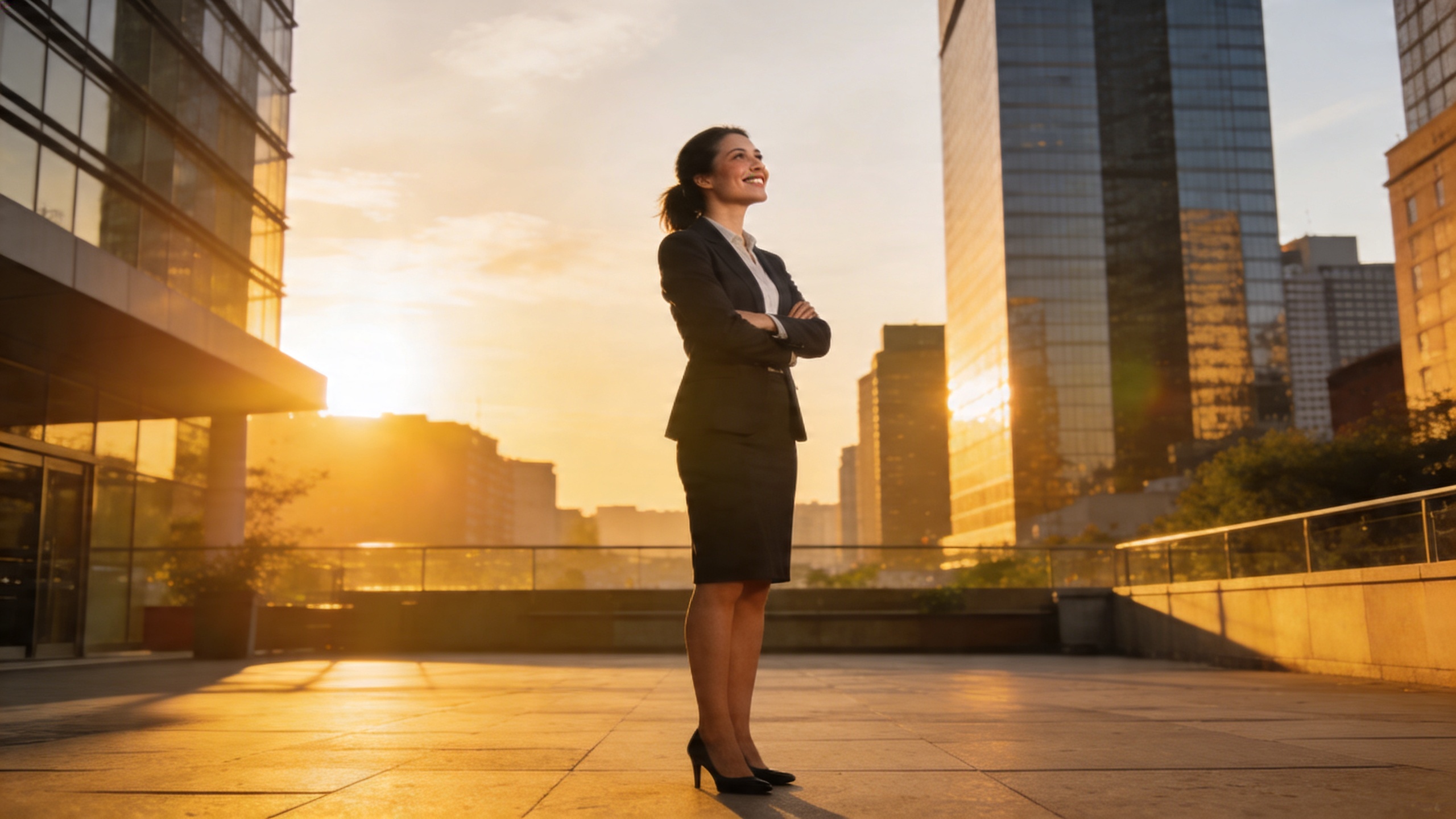 Coach femme regardant l'horizon avec un sourire confiant, symbolisant la réussite et la vision future, dans un cadre urbain moderne au lever du soleil, lumière dorée, style photo cinématique