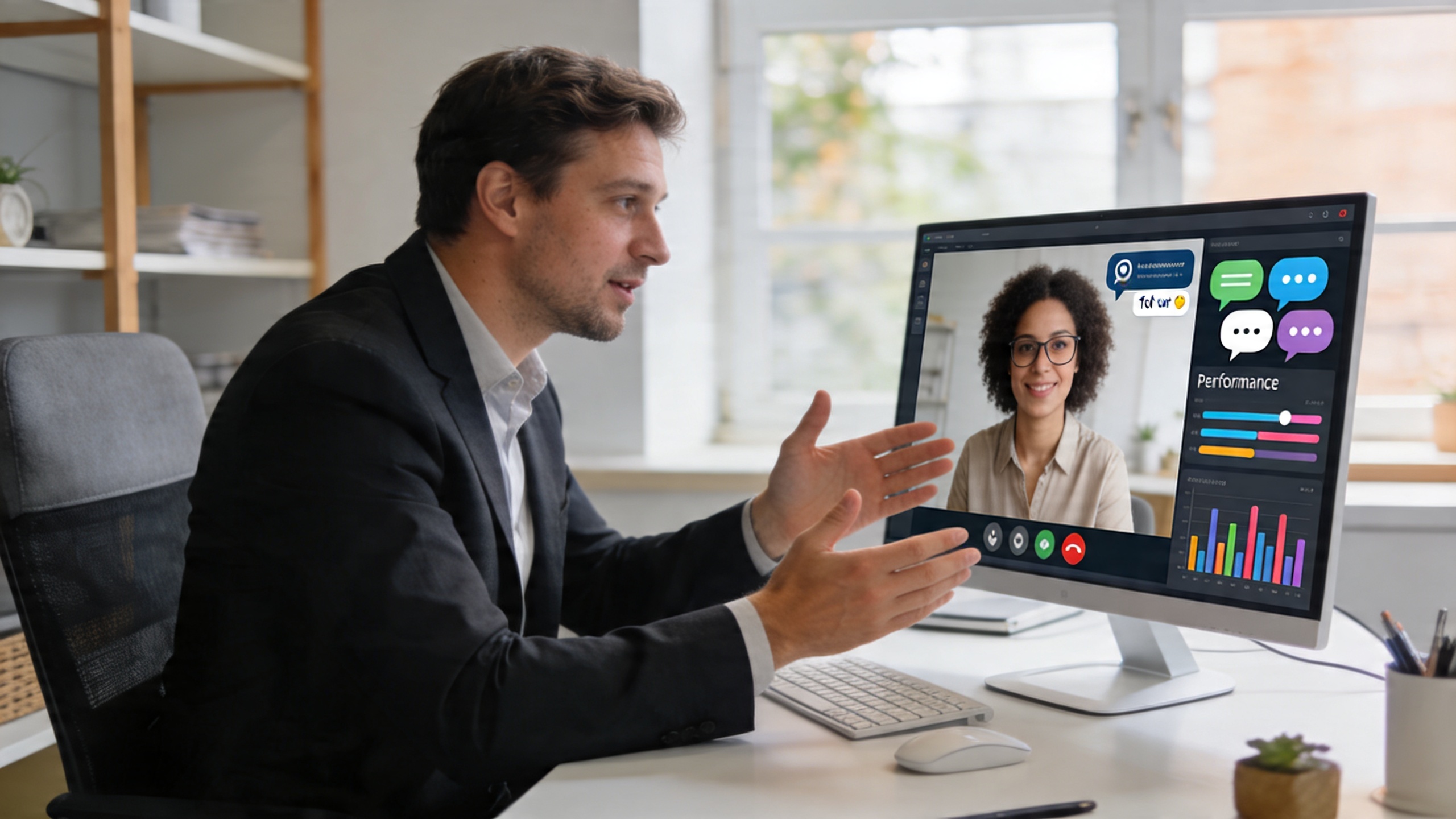 Coach professionnel expliquant des stratégies sur un écran d'ordinateur à un client en ligne, avec des icônes de réseaux sociaux et de performances visibles, dans un environnement de travail moderne et épuré, style photo éditorial magazine, lumière naturelle et couleurs douces