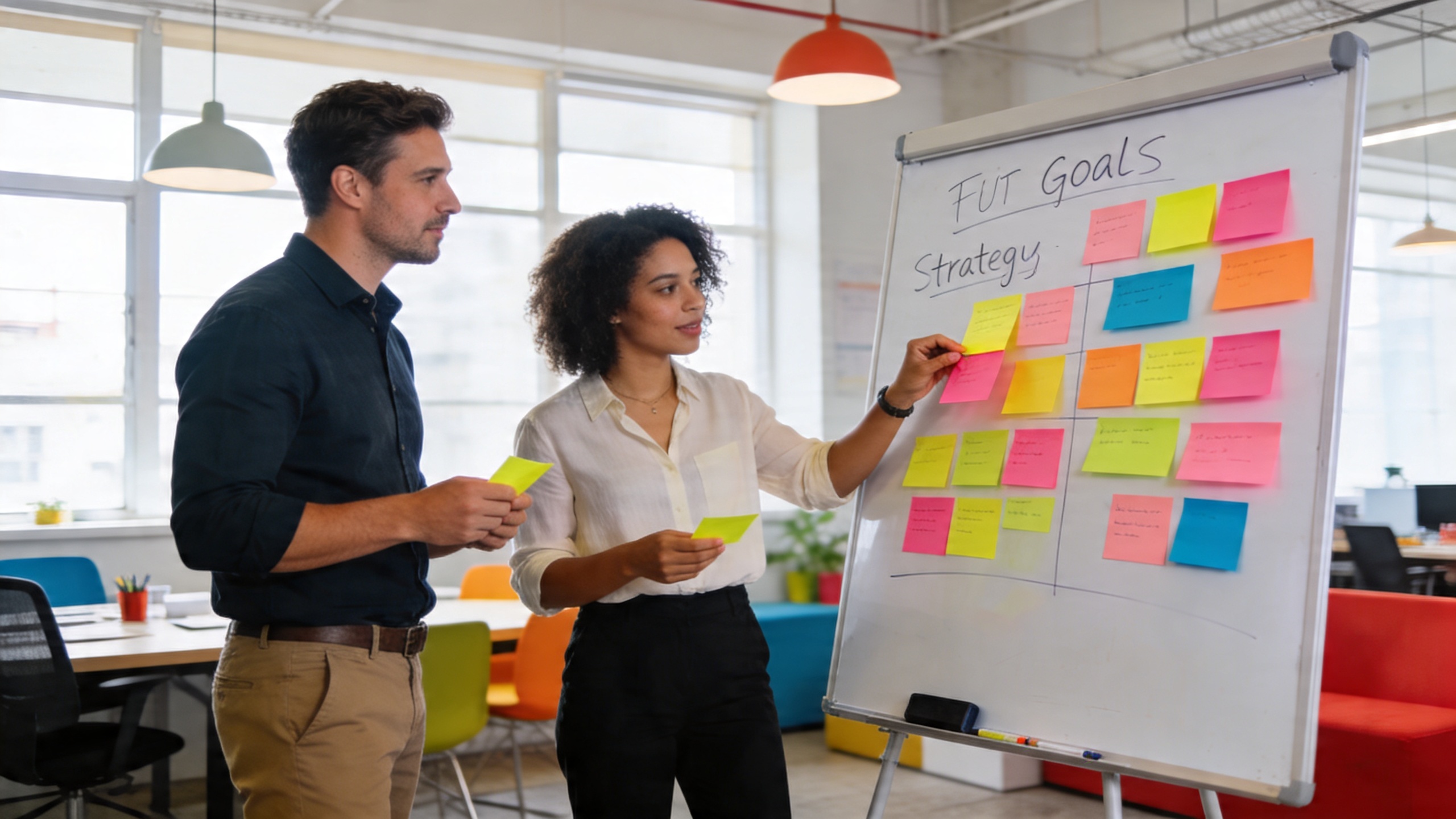 Coach en pleine séance de brainstorming avec un client, utilisant des post-its et un tableau blanc pour visualiser des objectifs et des stratégies, dans un espace de coworking lumineux, ambiance collaborative et énergique, style photo éditorial magazine