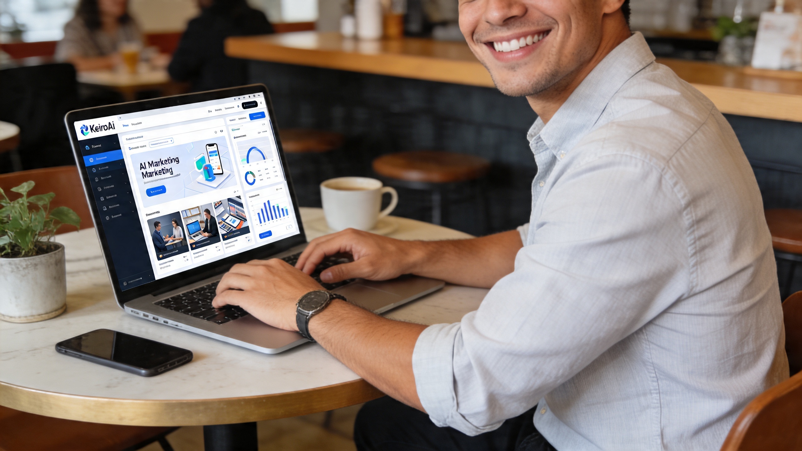 Coach travaillant sur son ordinateur portable dans un café branché, avec un grand sourire, son écran affichant l'interface de KeiroAI générant des visuels marketing par IA, ambiance décontractée et productive, style photo éditorial magazine