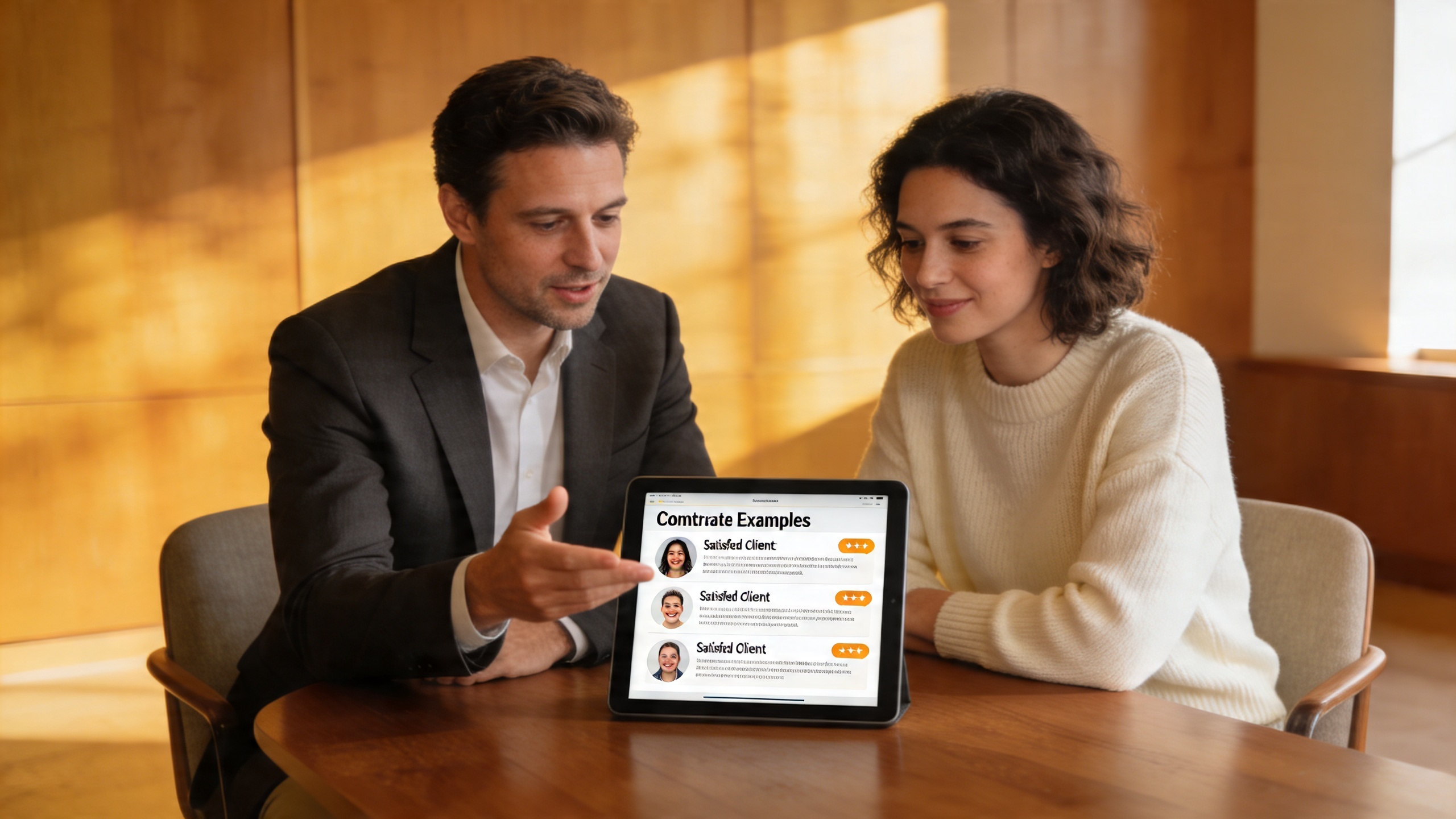 Coach en pleine séance de coaching individuel avec un client, montrant des exemples concrets de témoignages clients satisfaits sur une tablette, dans une ambiance chaleureuse et de confiance, style photo éditorial magazine