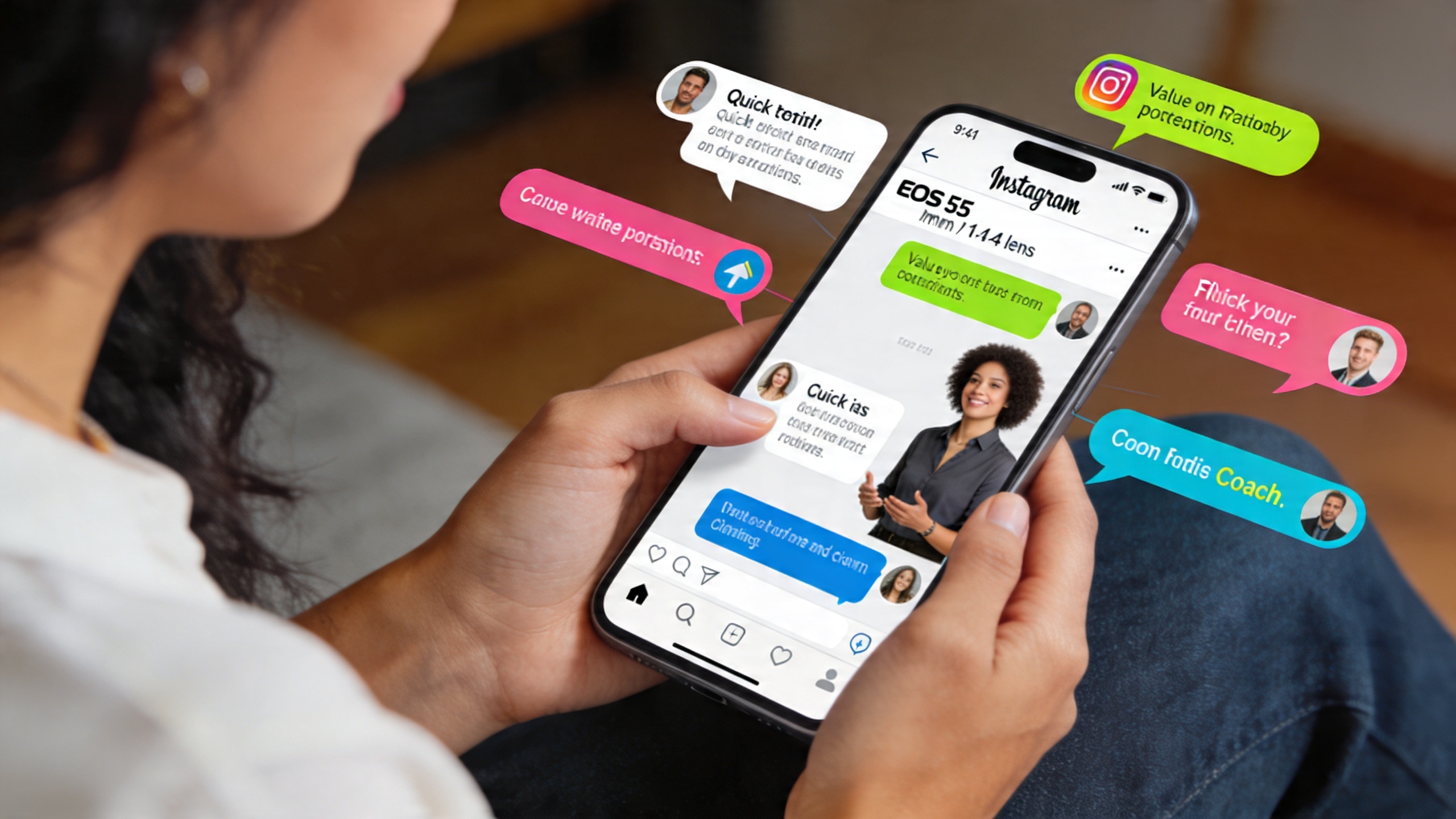 Coach interagissant avec un client via l'interface de messagerie directe d'Instagram, des bulles de conversation s'affichant avec des réponses rapides et des propositions de valeur, dans une atmosphère de communication fluide et efficace, style photo éditorial magazine