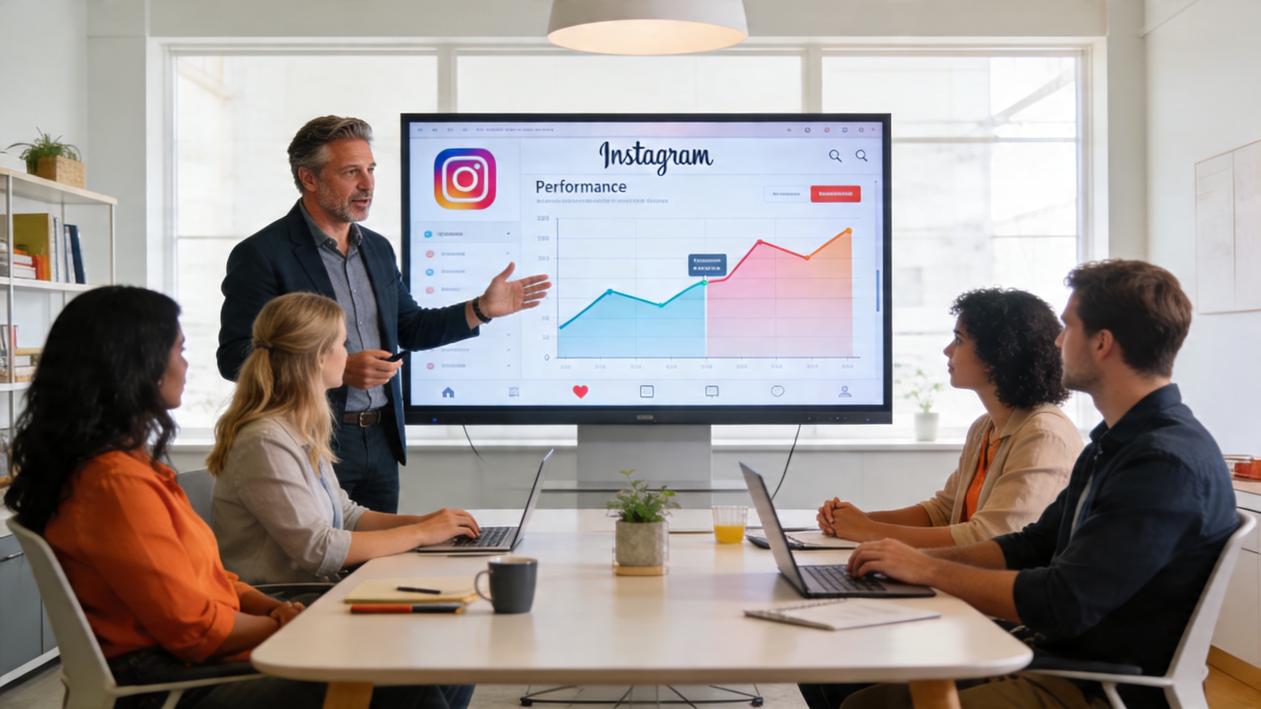 Coach homme expliquant des concepts de stratégie digitale à une petite équipe de clients entrepreneurs autour d'une table, sur un écran géant affichant des graphiques de performance Instagram, ambiance collaborative et moderne, style photo éditorial magazine