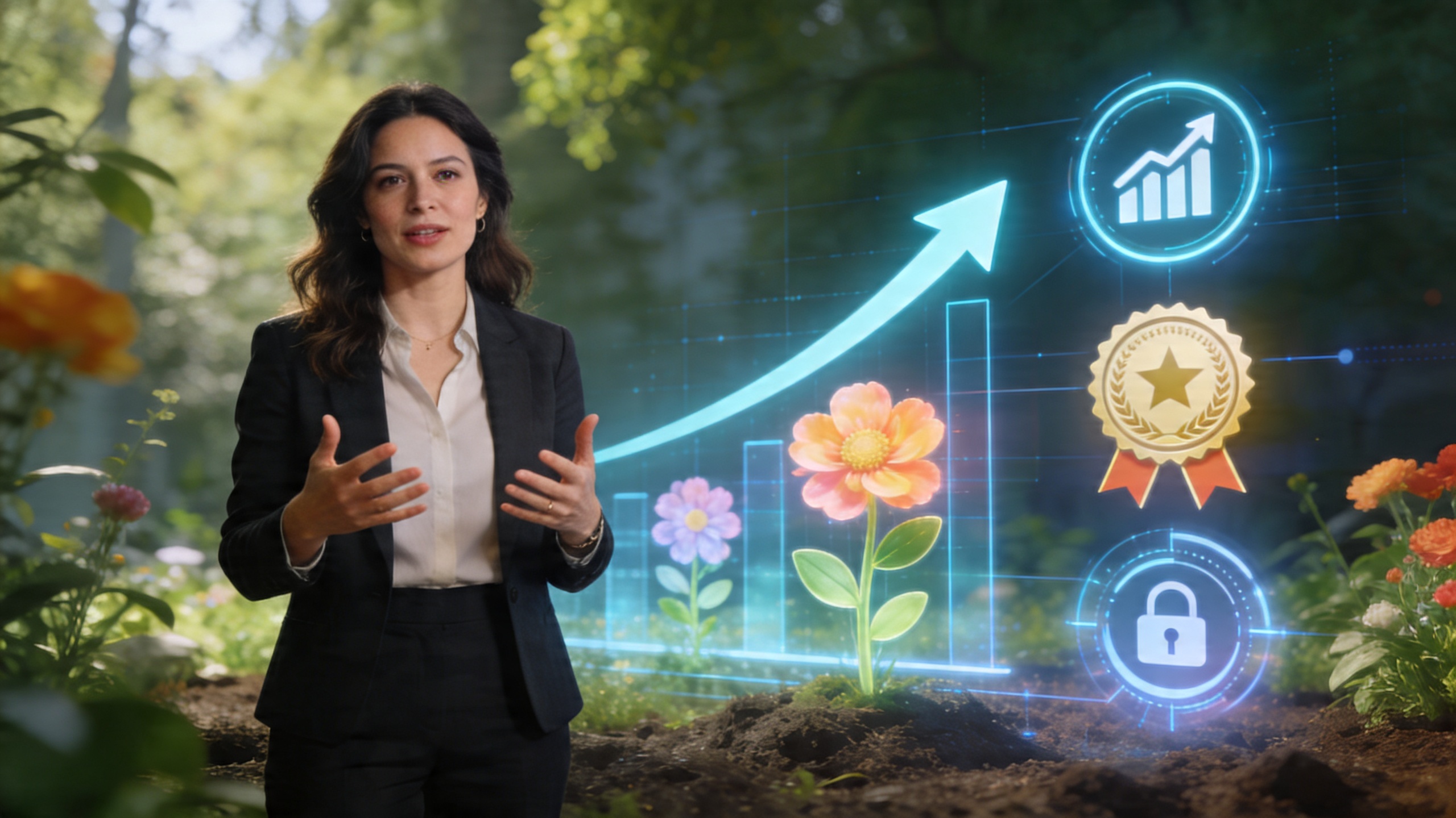 Coach femme expliquant un concept de développement personnel avec des visuels dynamiques générés par IA en arrière-plan, montrant des icônes de croissance et de réussite, style futuriste et inspirant, photo éditoriale