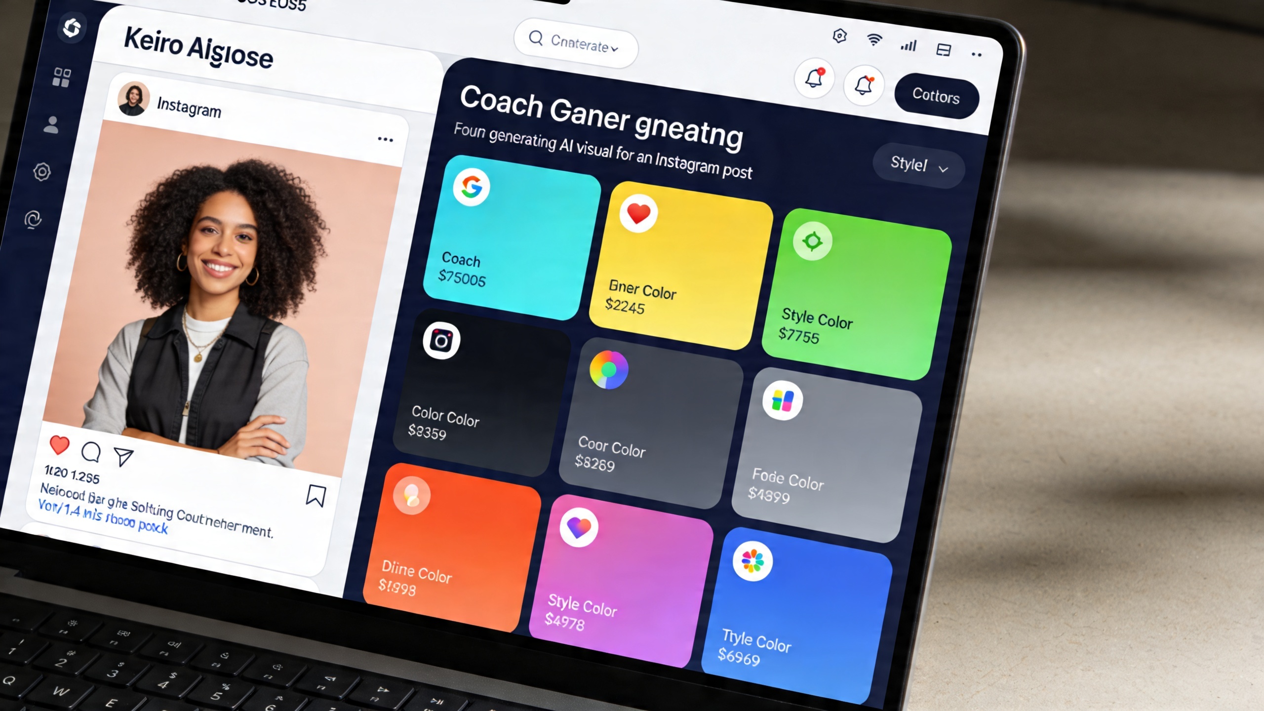 Écran de l'interface KeiroAI montrant un coach en train de générer un visuel IA pour un post Instagram, avec des options de style et de couleurs, interface utilisateur intuitive et moderne, style capture d'écran de logiciel
