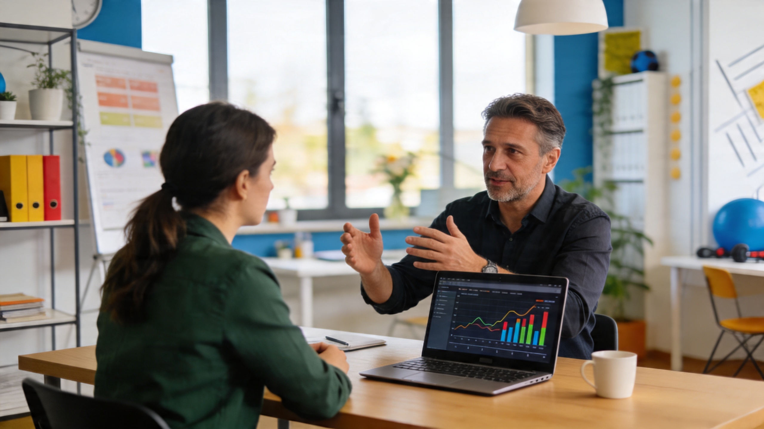Coach homme en pleine séance de coaching individuel avec un client dans un bureau moderne et lumineux, sur la table un ordinateur affichant des statistiques de performance, lumière naturelle, style photo éditorial