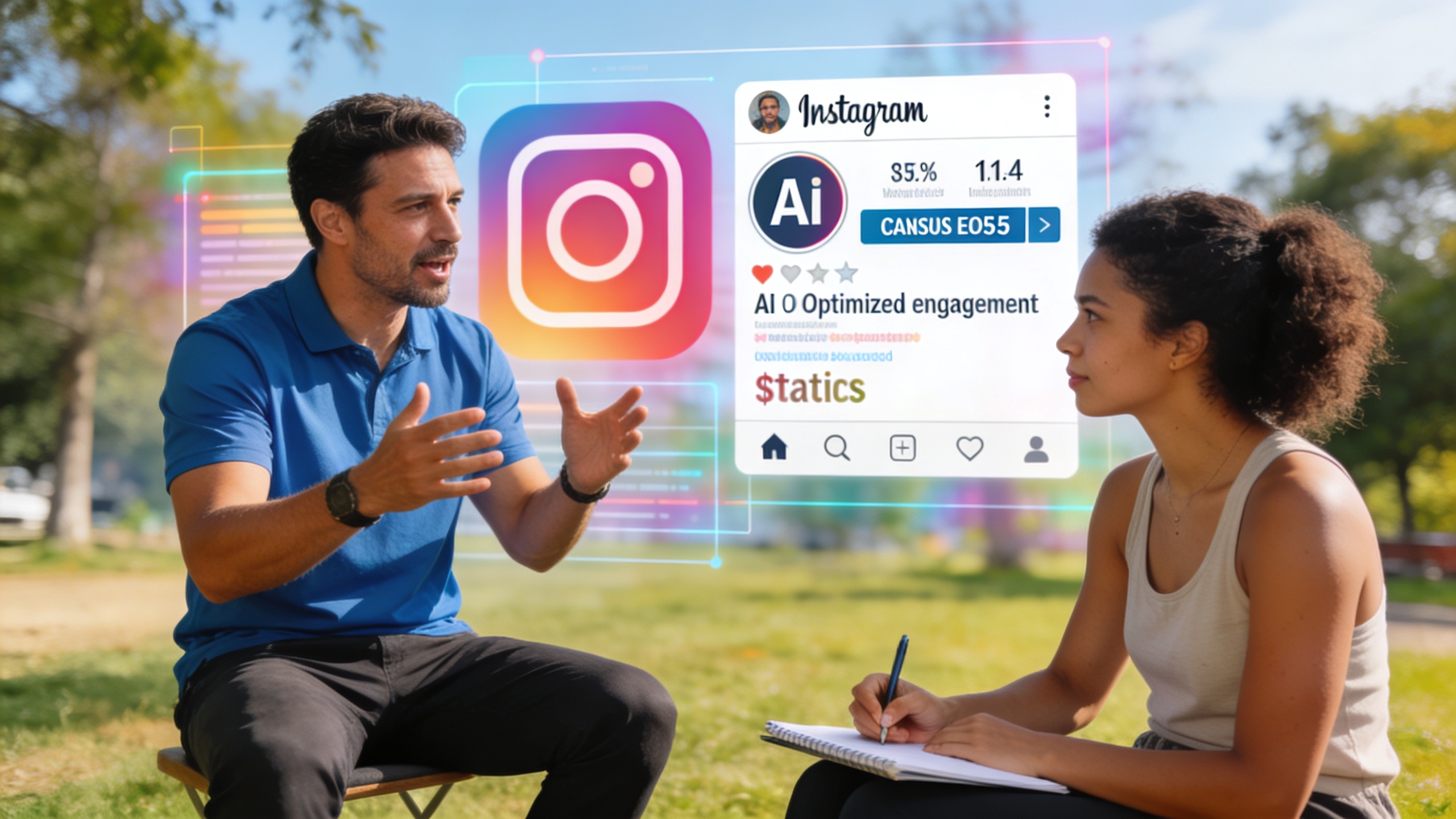 Coach dynamique en pleine séance de coaching individuel en extérieur, son client prend des notes, visuels montrant des statistiques d'engagement Instagram optimisées par l'IA, style photo éditorial magazine, couleurs vives