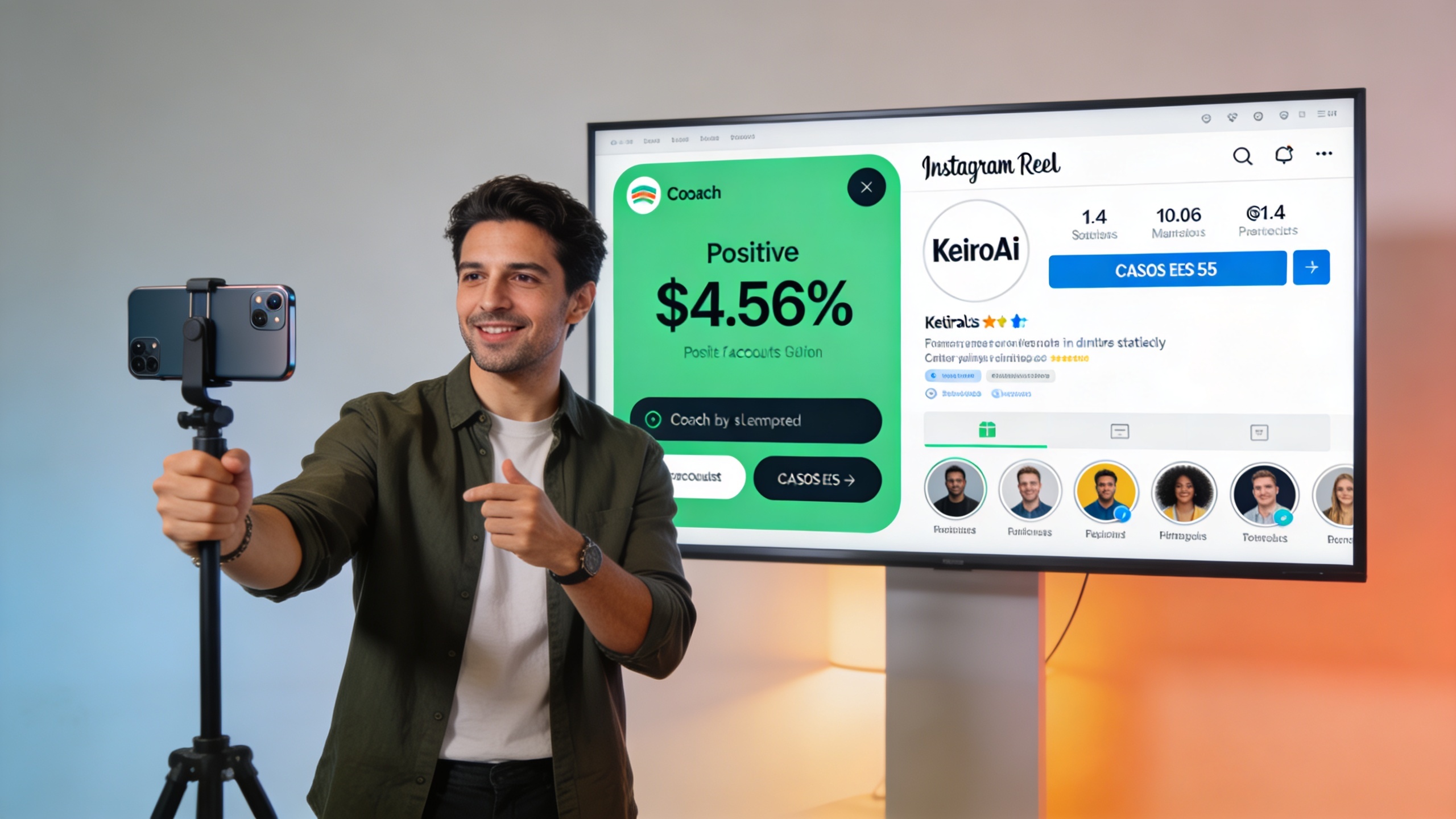Coach charismatique en train d'enregistrer un Reel Instagram avec un smartphone, un écran derrière lui affiche des statistiques positives d'un compte KeiroAI, ambiance studio moderne, lumière douce