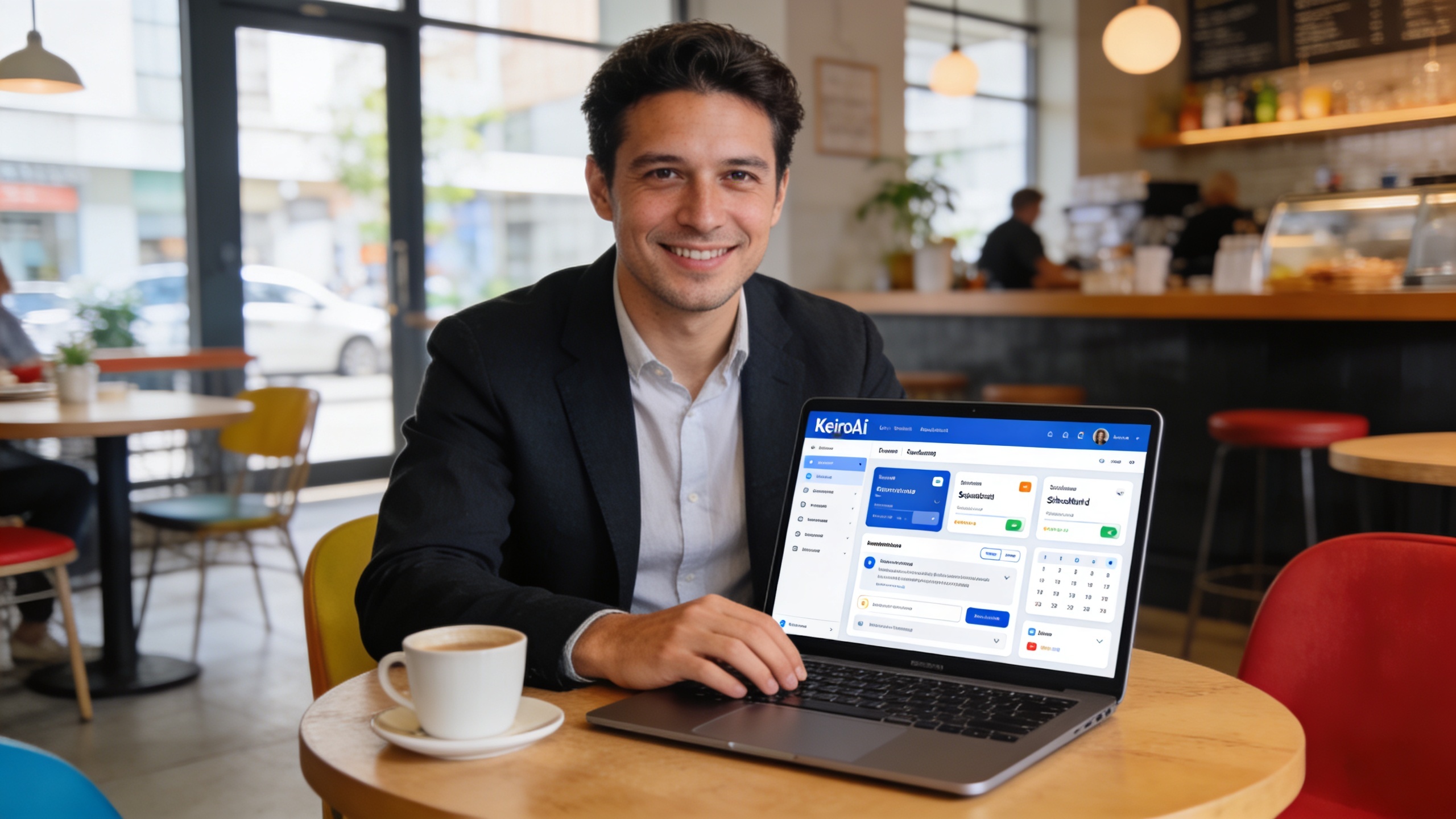 Coach travaillant sur un ordinateur portable dans un café lumineux, l'écran montre l'interface intuitive de KeiroAI avec des options de génération de contenu IA et de planification, ambiance productive et décontractée, style photo réaliste