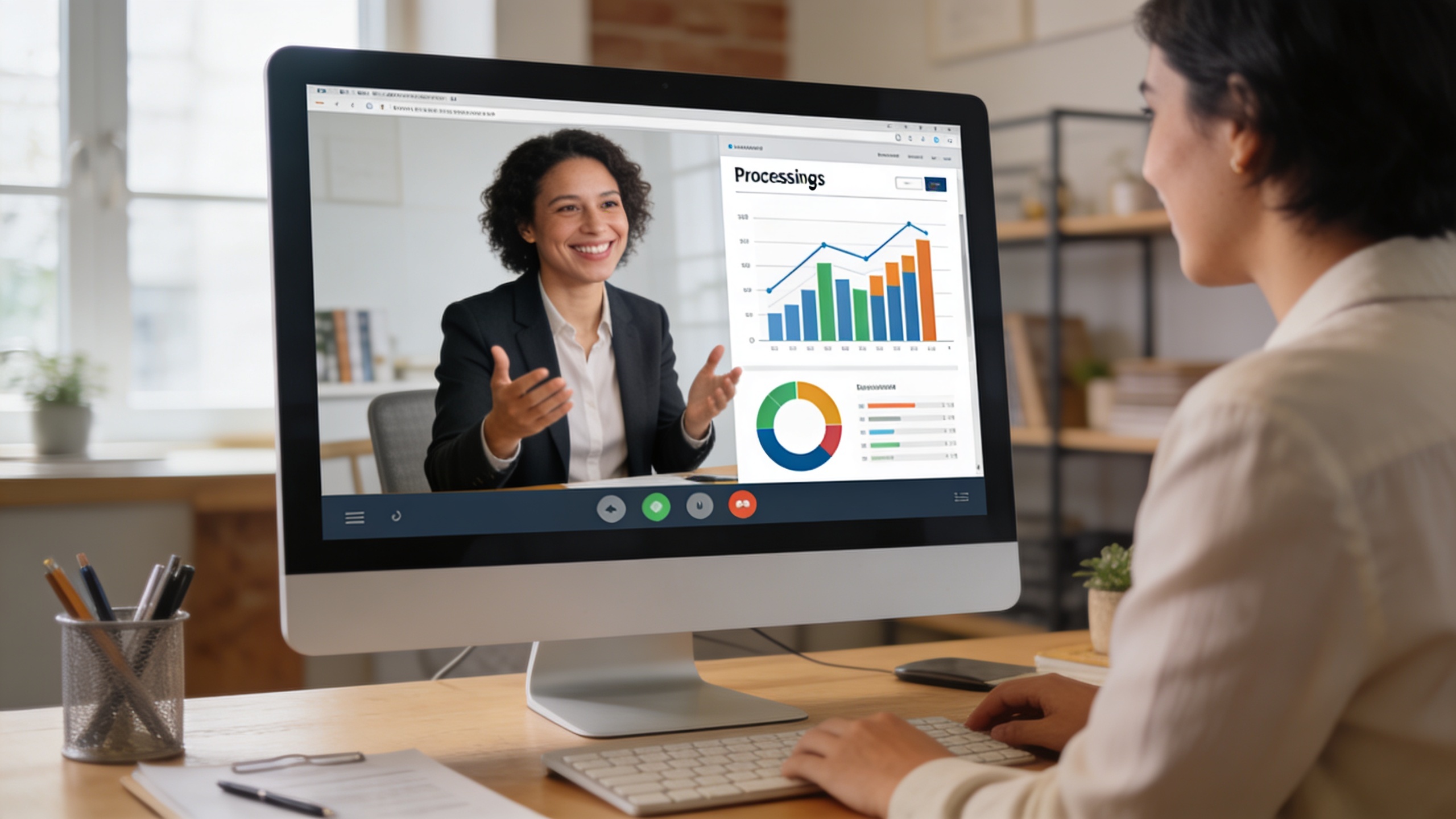 Coach souriant en train d'interagir avec une cliente lors d'une session de coaching en ligne, l'écran montre des graphiques de progression et un logo KeiroAI subtil, style photo réaliste, ambiance de soutien et de professionnalisme