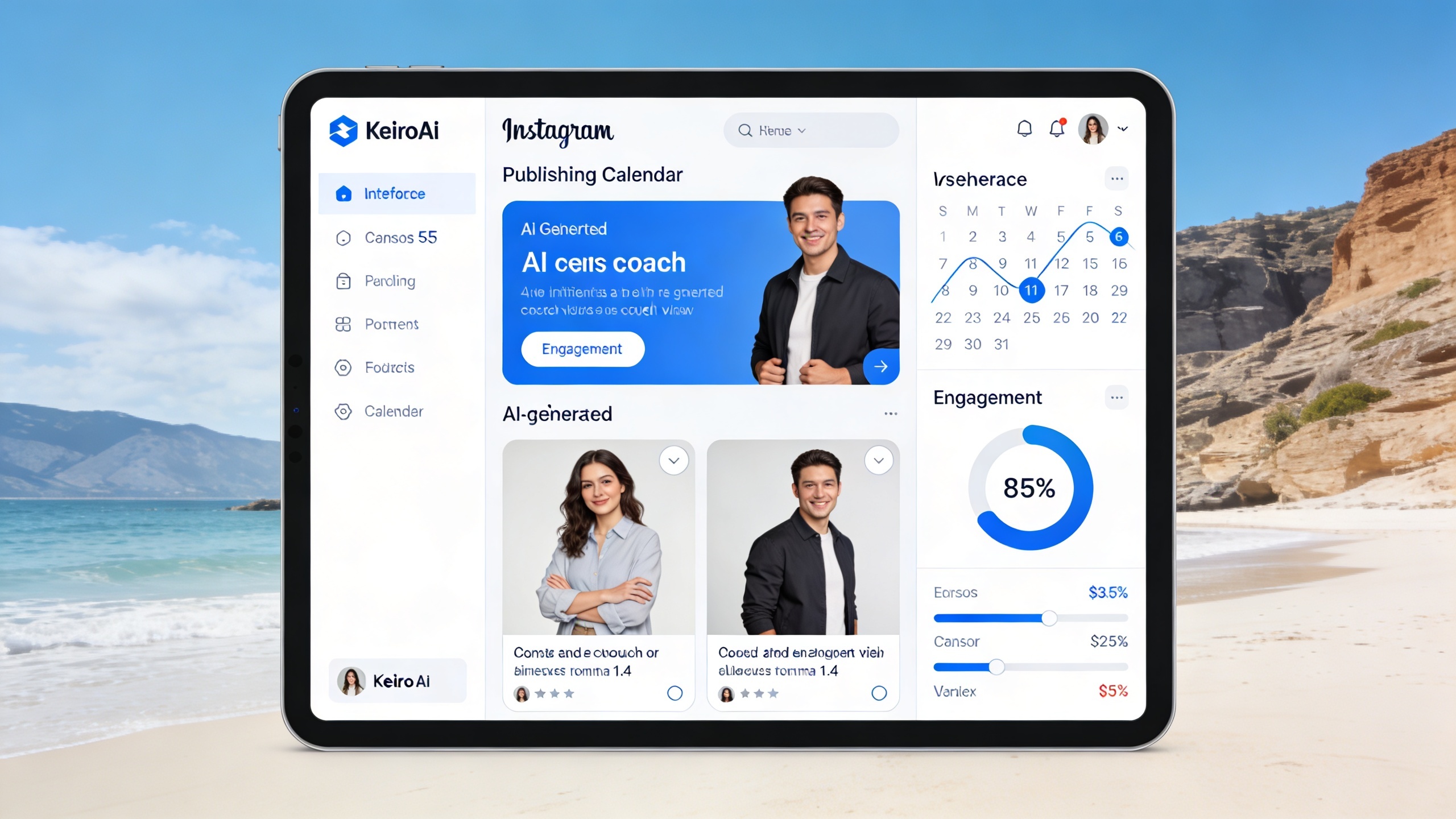 Interface utilisateur de KeiroAI affichant un calendrier de publication Instagram rempli de visuels générés par IA pour un coach, avec des statistiques d'engagement, style minimaliste et moderne, couleurs bleues et blanches