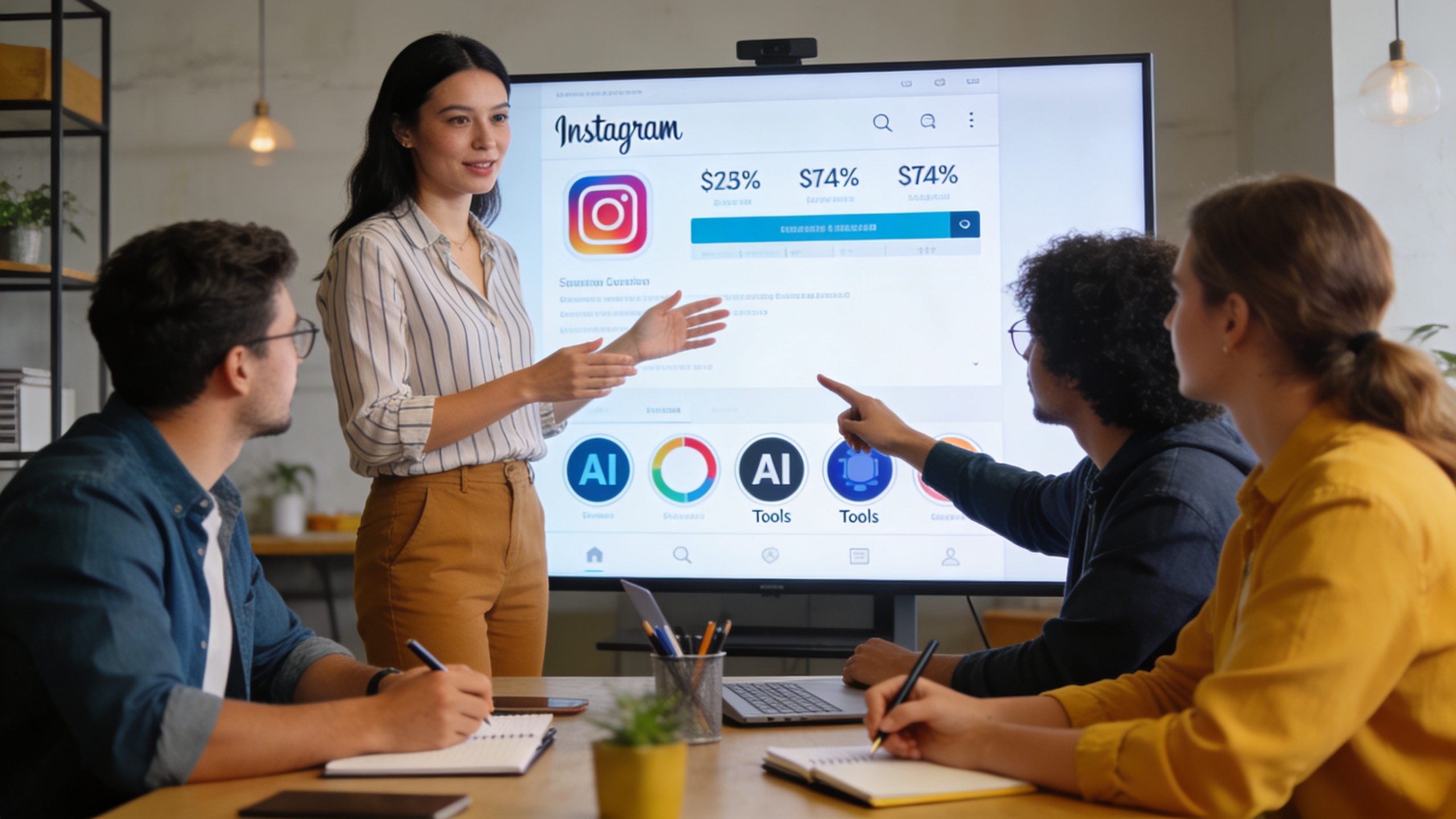 Coach de vie expliquant des stratégies de marketing digital à un petit groupe d'entrepreneurs, utilisant un tableau interactif affichant des statistiques Instagram et des outils IA, style photo réaliste, ambiance collaborative et éducative