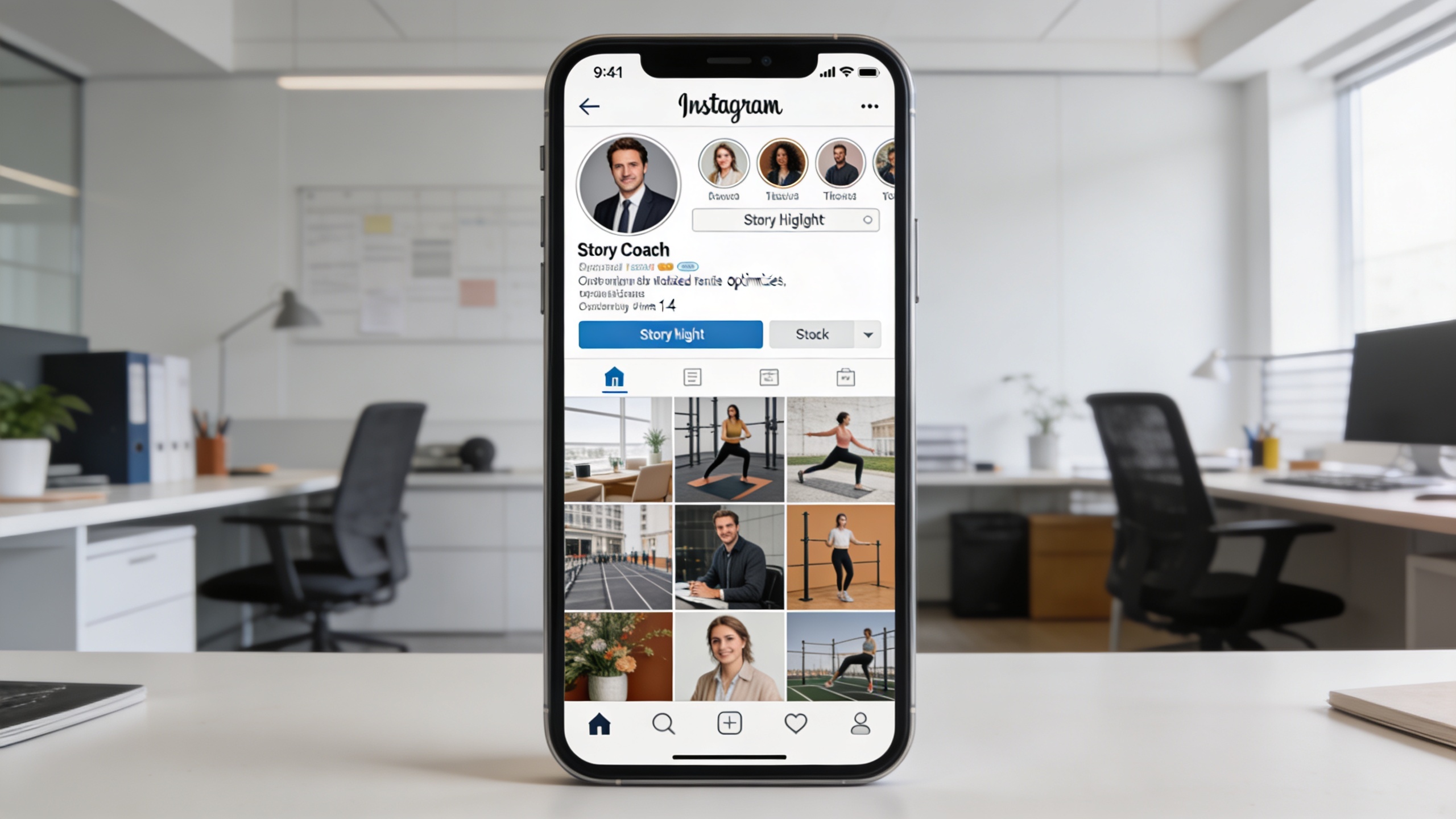 Écran de smartphone affichant un profil Instagram optimisé pour un coach, avec une bio riche en mots-clés, des highlights organisés et une photo de profil professionnelle, arrière-plan de bureau moderne et épuré, style UI/UX design épuré