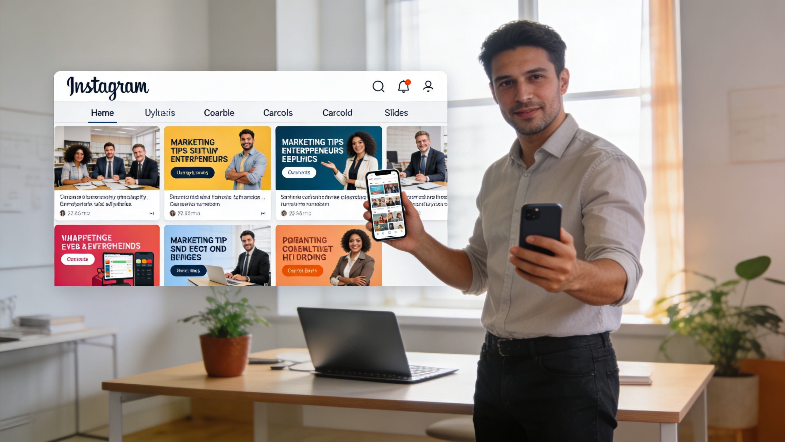 Coach homme dynamique présentant un carrousel Instagram sur son smartphone, chaque slide est un conseil marketing clair pour les entrepreneurs, arrière-plan de bureau moderne et lumineux, style photo réaliste, composition dynamique