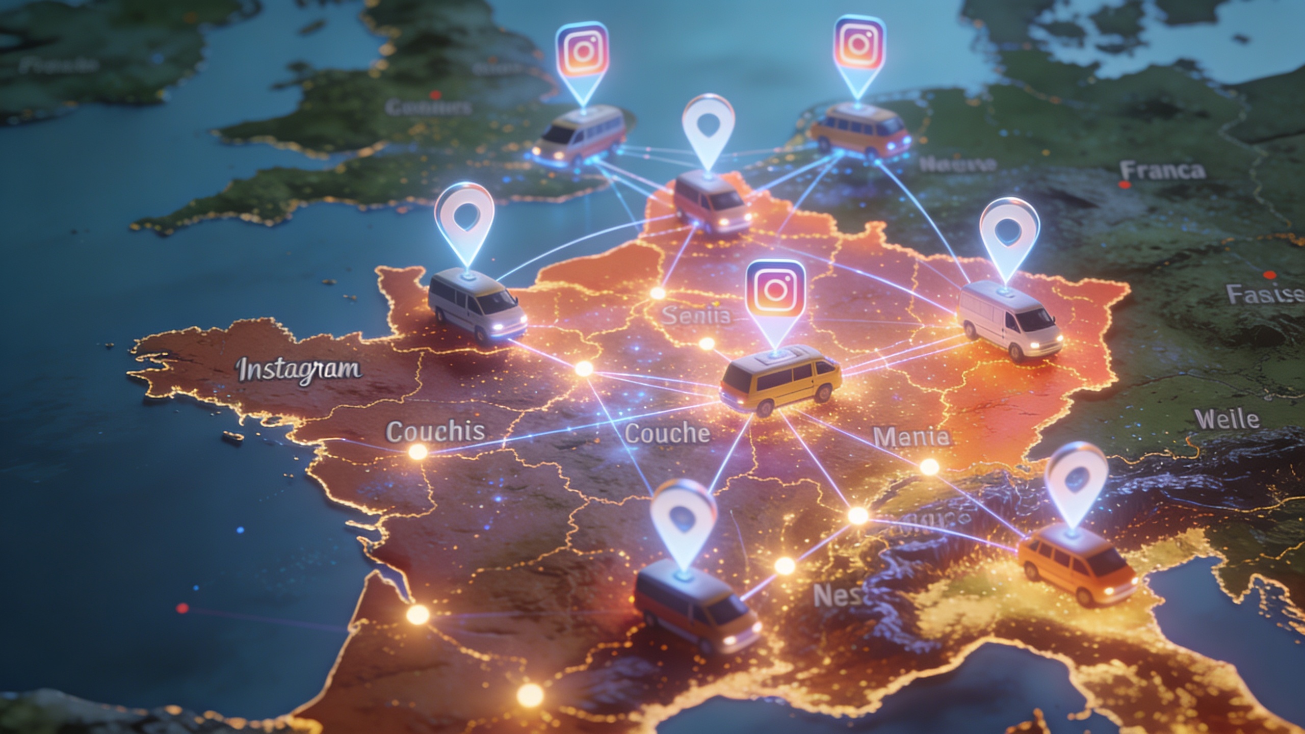 Carte stylisée de la France avec des points lumineux représentant des coaches connectés et visibles sur Instagram, des icônes de géolocalisation flottent au-dessus des villes principales, ambiance réseau digital, style illustration isométrique