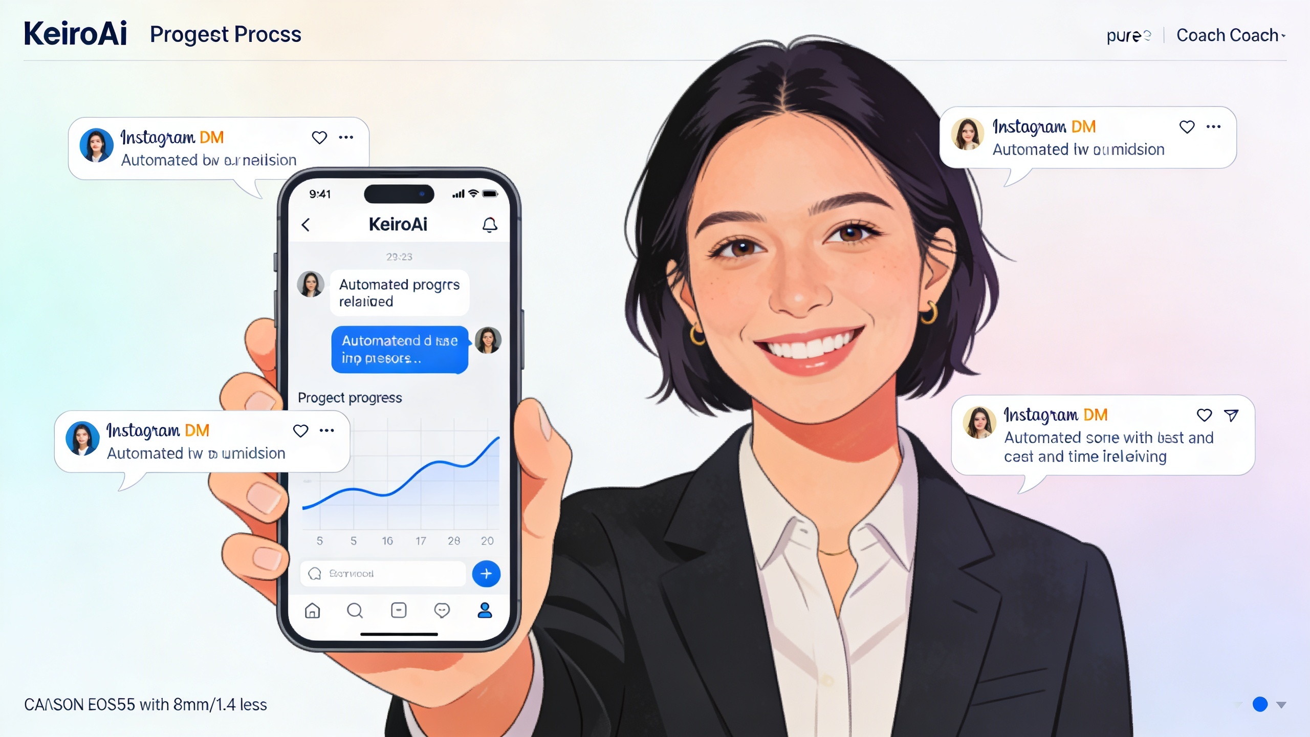 Coach souriante montrant son smartphone avec l'interface KeiroAI, des bulles de conversation automatisées apparaissent dans les DMs Instagram, une ligne de progression de prospects est visible, ambiance efficacité et gain de temps, style illustration moderne