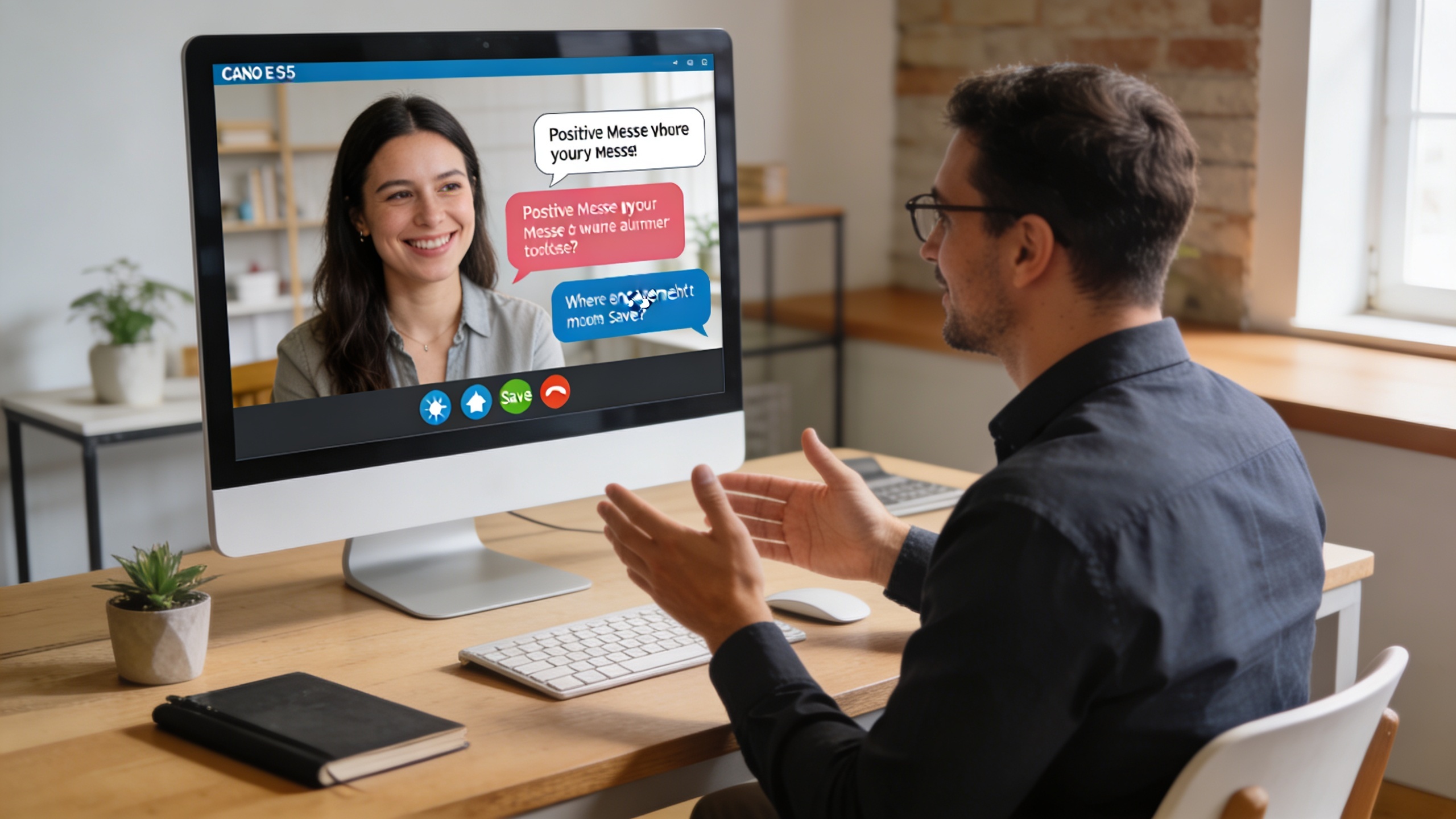 Coach en pleine conversation vidéo avec un client souriant, l'écran montre des échanges de messages positifs et des icônes de partage et d'enregistrement, symbolisant l'engagement et la construction d'une communauté, ambiance connexion humaine, style photo éditorial