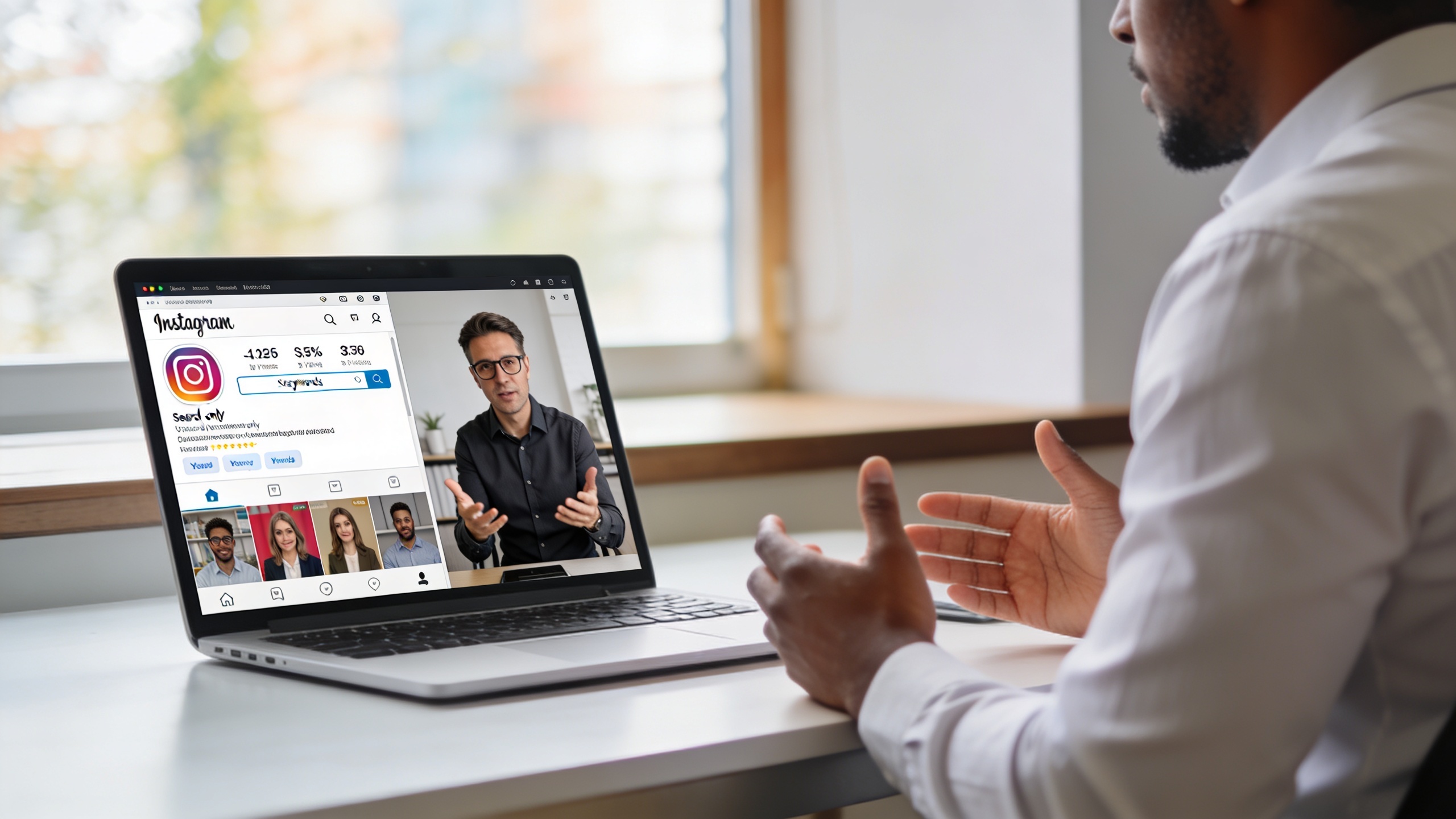 Coach en pleine séance de coaching en visio, son écran d'ordinateur affiche un tableau de bord Instagram avec des statistiques de recherche et des mots-clés. Ambiance studieuse et moderne, lumière du jour, style photo éditorial magazine, couleurs douces.