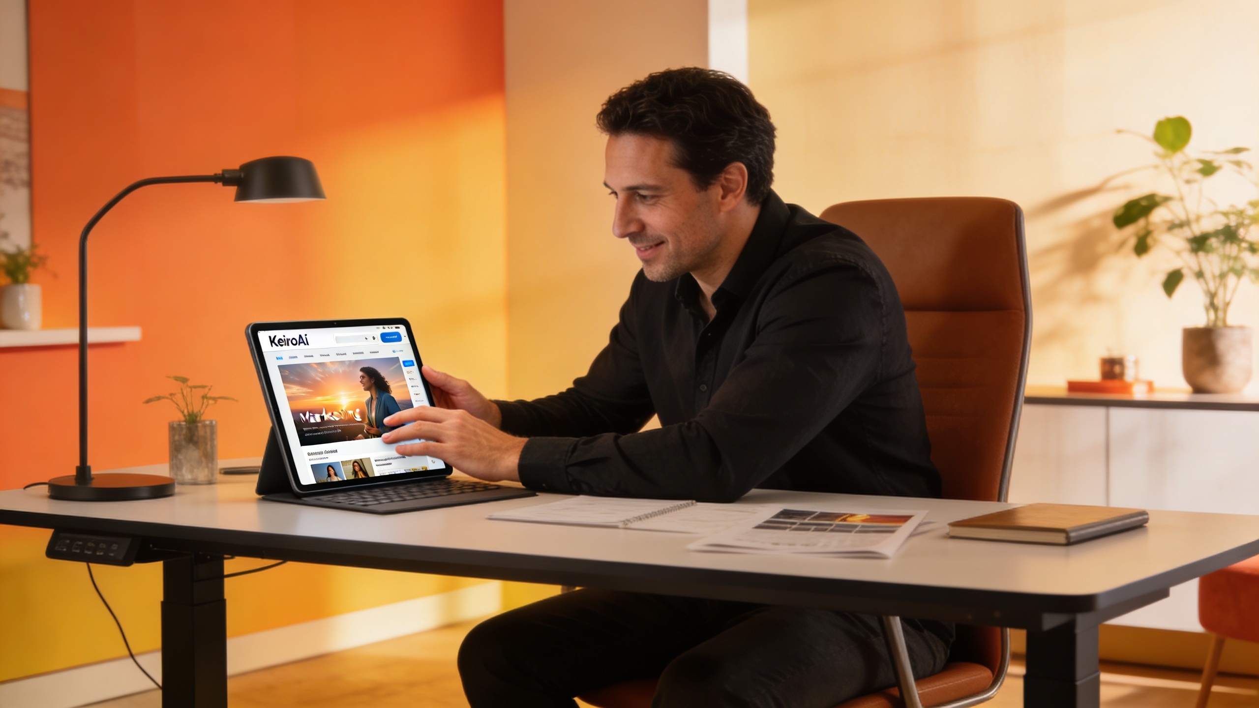 Coach utilisant l'interface de KeiroAI sur une tablette, générant un visuel marketing pour Instagram. L'écran montre un aperçu d'un post avec une citation inspirante et une image de haute qualité. Ambiance de travail moderne, créative et efficace, style photo éditorial magazine.