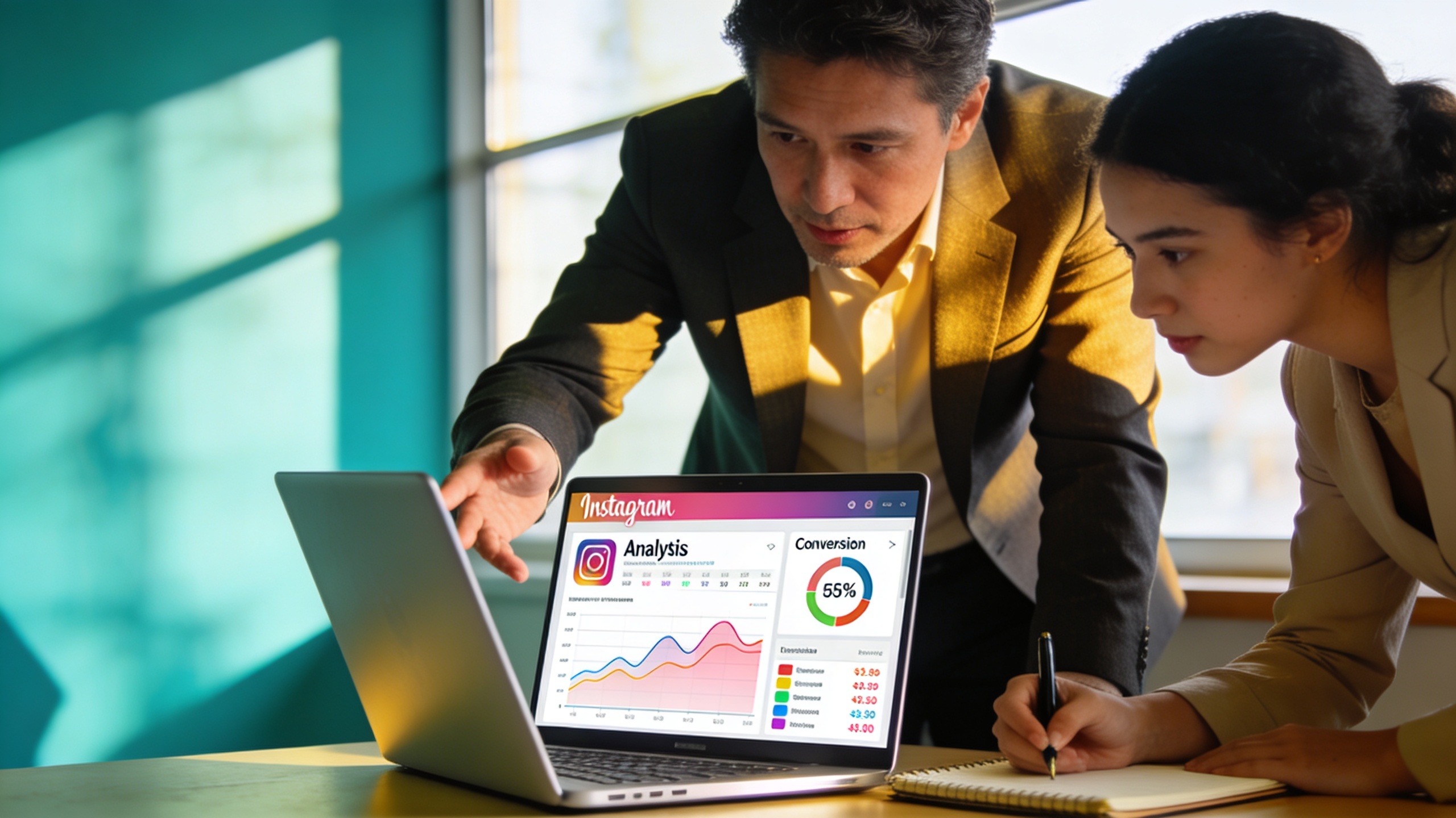 Coach expliquant à un client comment analyser ses statistiques Instagram sur un ordinateur portable, avec des graphiques clairs et des données de conversion. Ambiance de mentorat, lumière naturelle, style photo éditorial magazine, couleurs inspirantes.