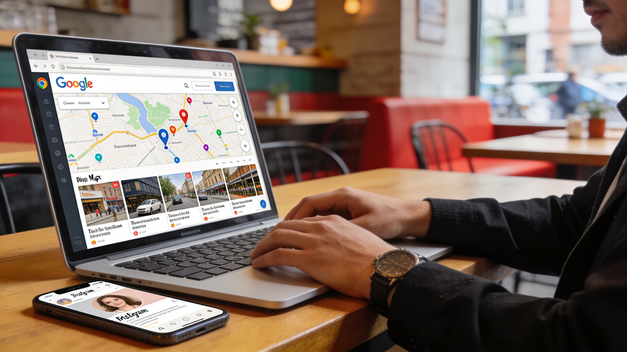 Coach travaillant sur son ordinateur portable dans un café branché, consultant une carte Google Maps affichant des entreprises locales et des points d'intérêt. Il y a un smartphone à côté, montrant un profil Instagram. Lumière naturelle, ambiance urbaine et dynamique, style photo éditorial magazine.