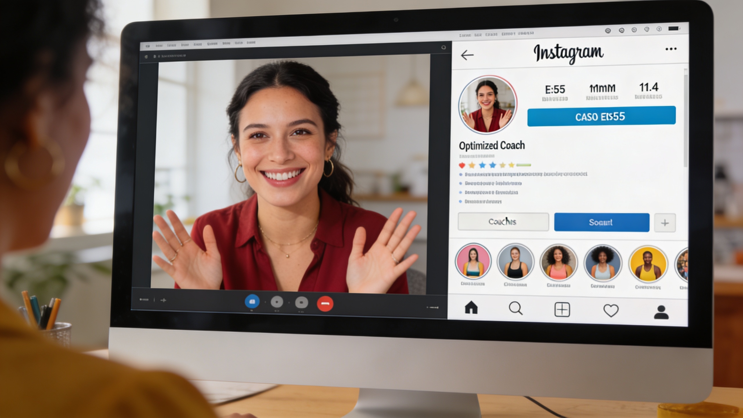 Une femme coach souriante et dynamique en pleine séance de coaching en ligne, son écran d'ordinateur affichant un profil Instagram optimisé avec des mots-clés pertinents dans la bio et les légendes, style photo éditorial magazine, lumière naturelle, composition cinématique.