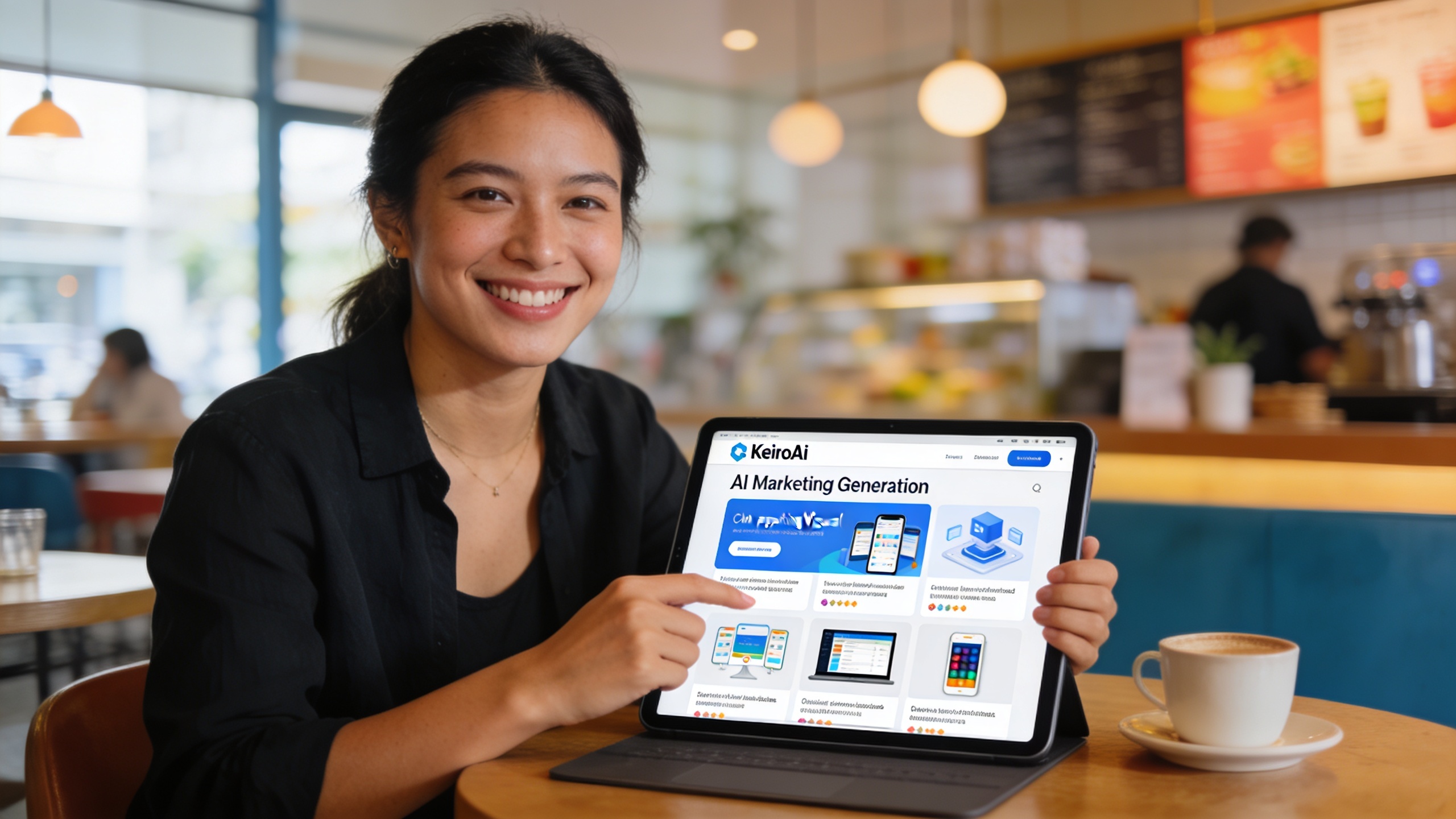 Un entrepreneur souriant utilisant KeiroAI sur sa tablette, l'écran affichant des options de génération de visuels marketing par IA, dans un café moderne et lumineux, style photo éditorial magazine, lumière naturelle, composition cinématique.