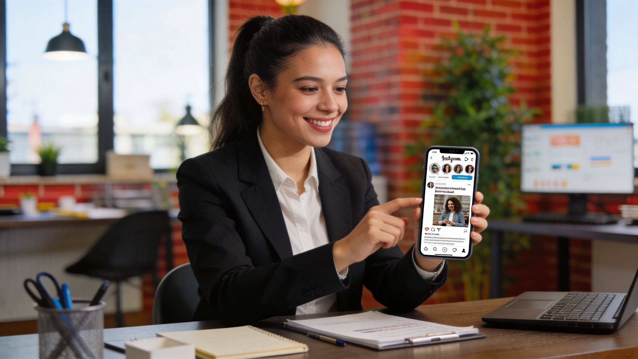 Une femme coach souriante et professionnelle interagissant avec son téléphone, l'écran affichant une conversation DM Instagram personnalisée avec un prospect, dans un environnement de travail moderne, style photo éditorial magazine, lumière naturelle, composition cinématique.