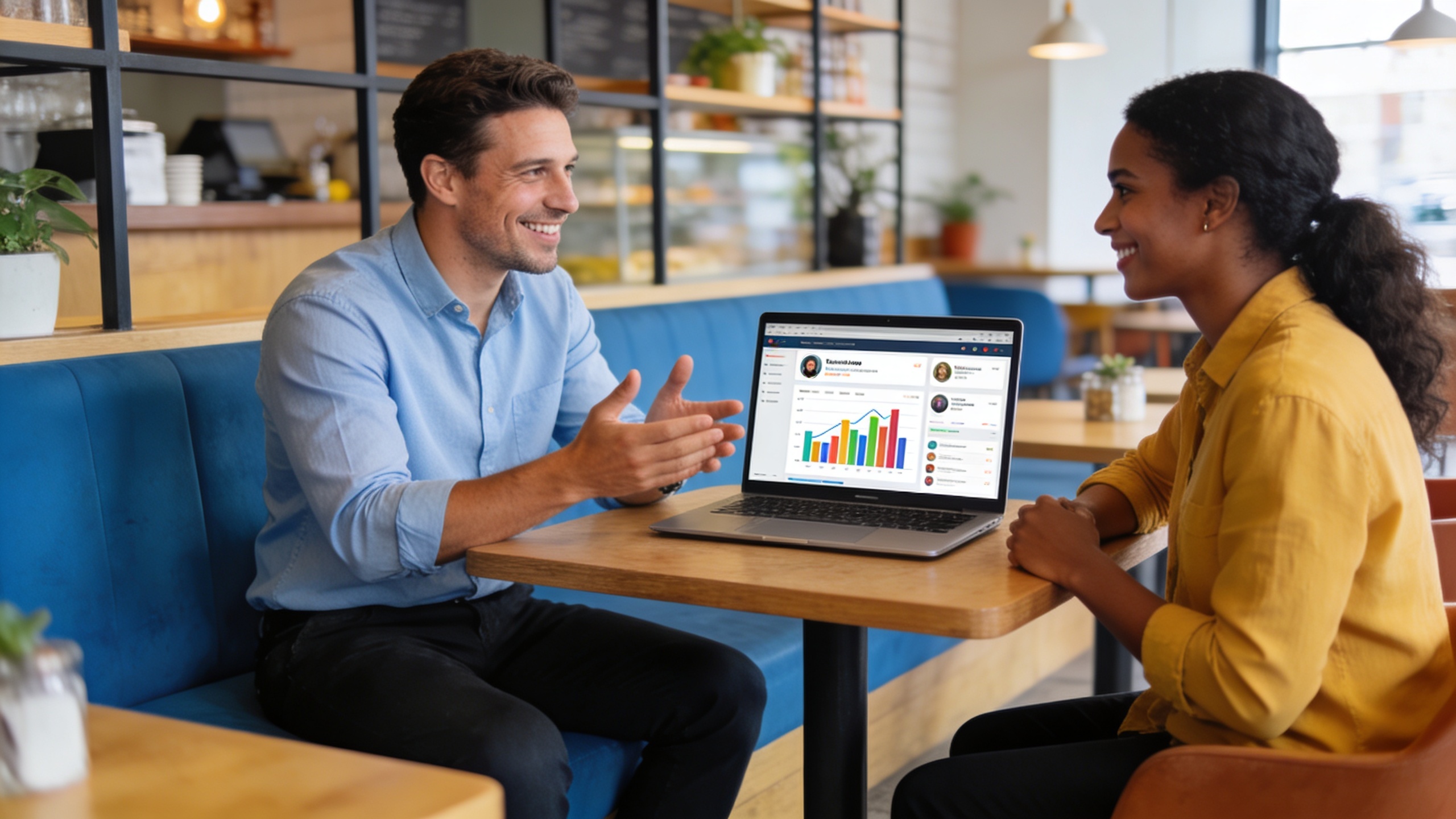 Coach expliquant des stratégies de contenu à un entrepreneur local dans un café moderne, tous deux souriants et concentrés, avec un ordinateur portable affichant des statistiques de réseaux sociaux, style photo éditorial magazine