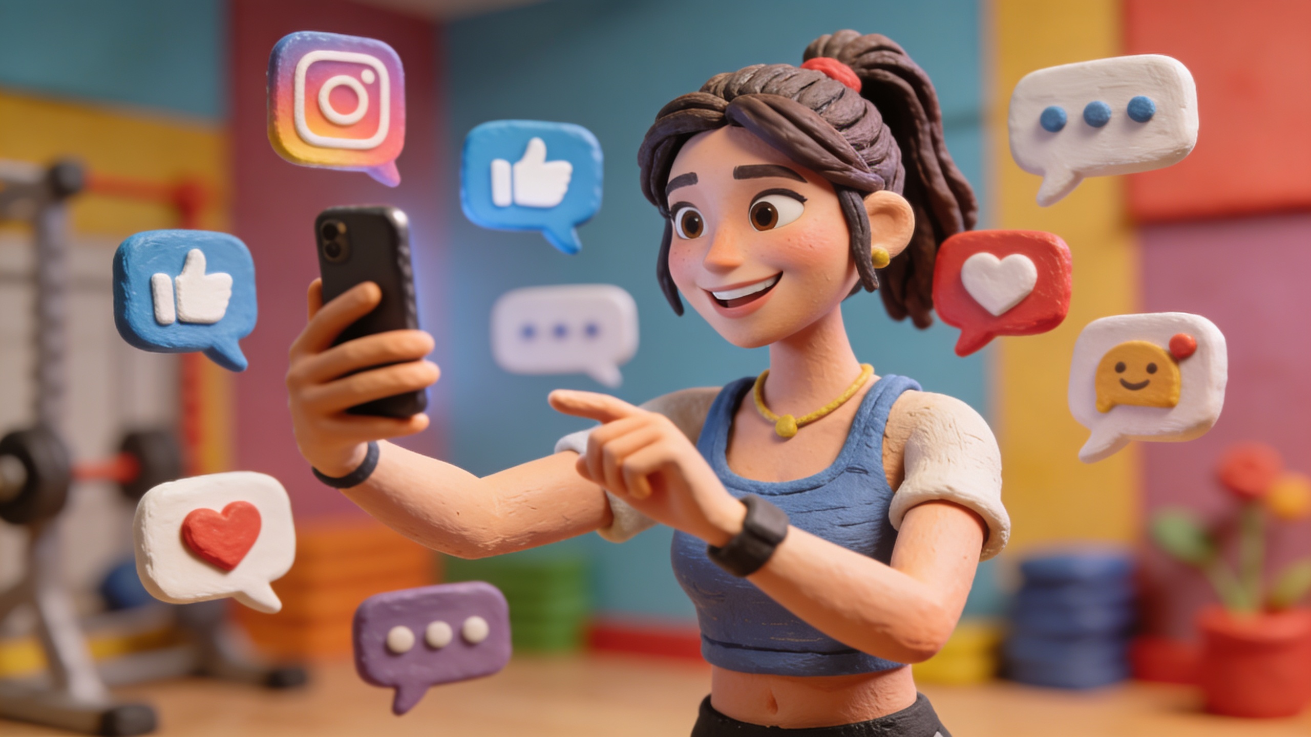 Coach souriant interagissant avec ses abonnés sur Instagram via un téléphone, entouré de bulles de dialogue et d'icônes de likes/partages, dans un environnement numérique vibrant et coloré, style illustration moderne 3D clay