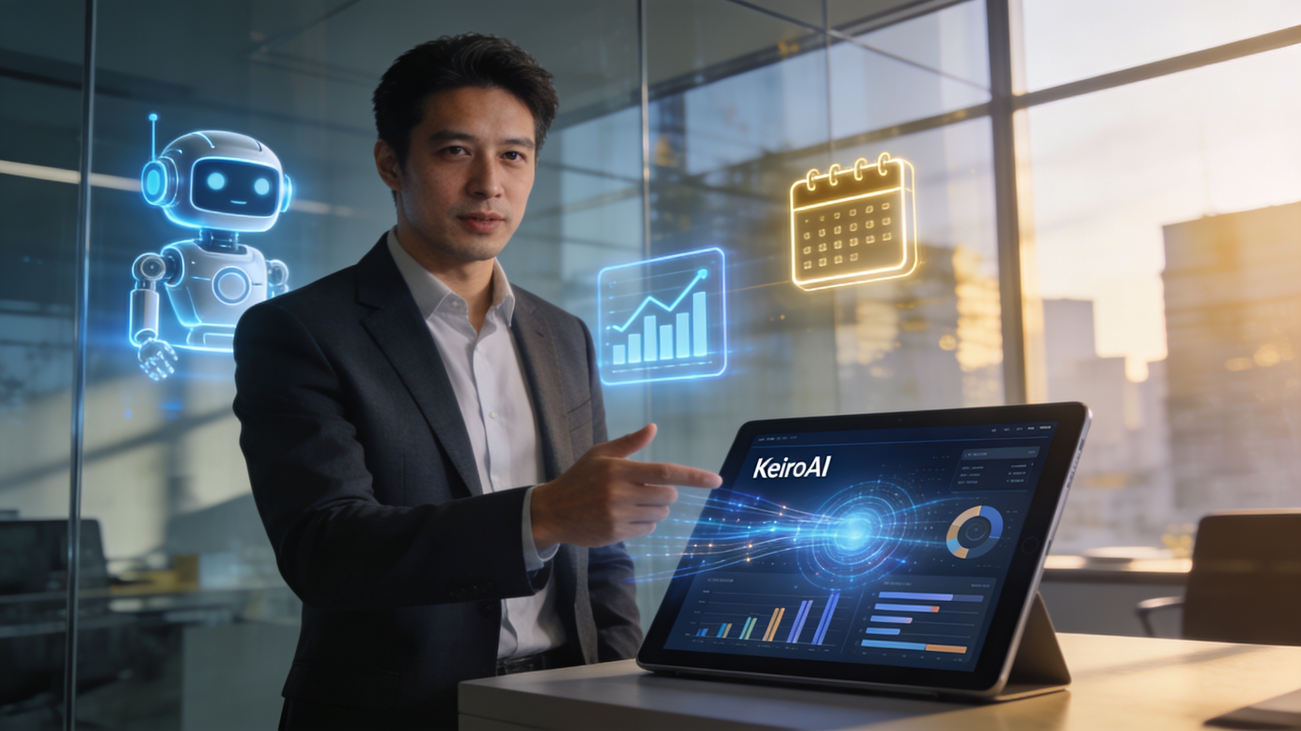 Coach homme expliquant les avantages de l'automatisation marketing à une petite entreprise, affichant une interface KeiroAI sur une tablette, avec des icônes d'IA et de productivité en arrière-plan, ambiance collaborative et futuriste, style photo éditorial magazine