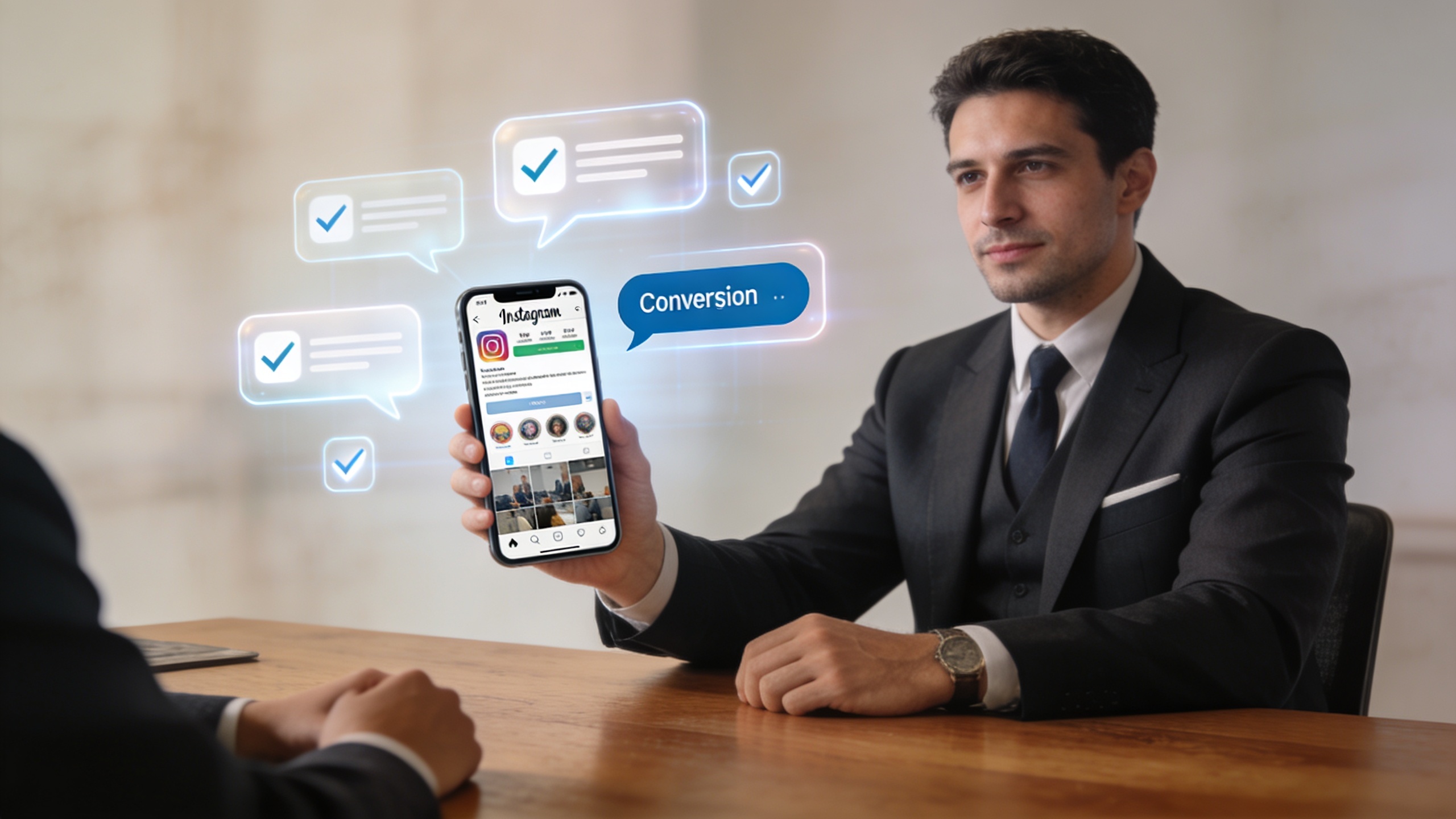 Coach homme discutant avec un client via un chatbot Instagram sur un smartphone, avec des icônes de messages et de conversion flottant autour, dans une interface utilisateur claire et intuitive, style photo éditorial magazine