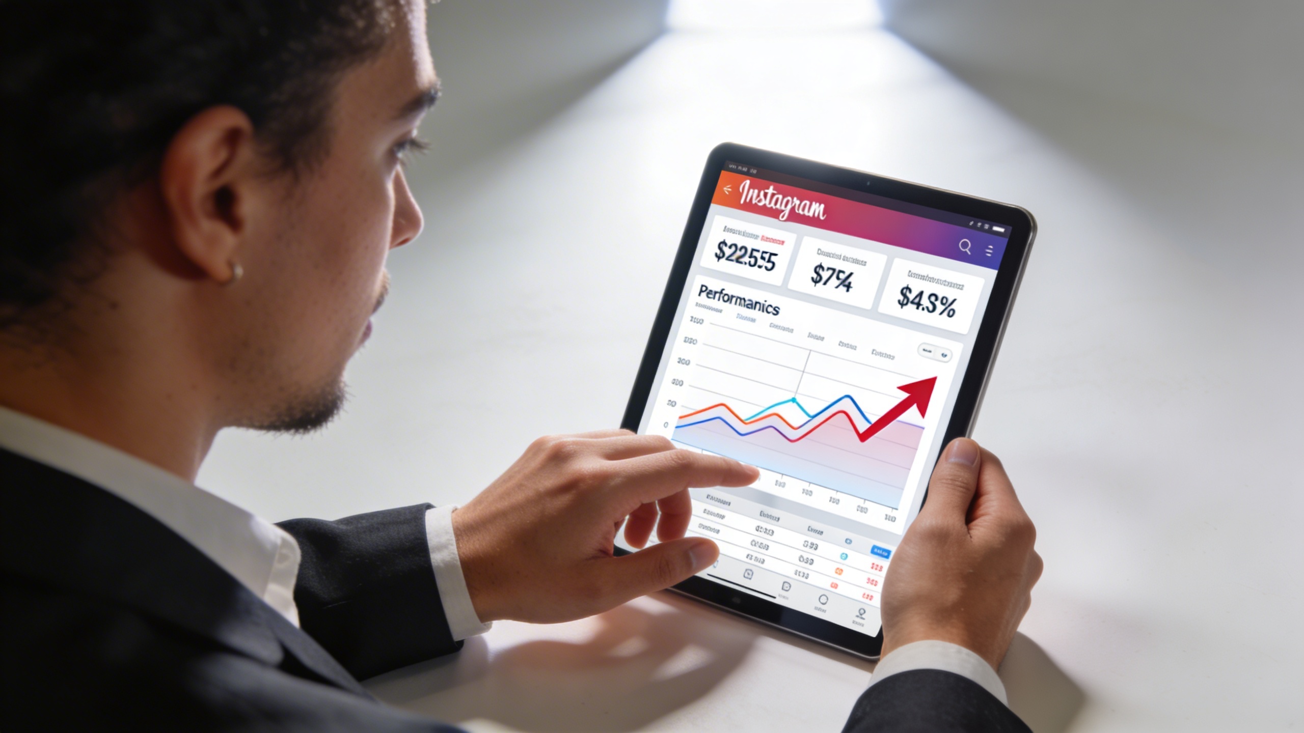 Coach professionnel utilisant une tablette pour analyser des statistiques Instagram, graphiques de performance avec flèche ascendante, lumière focalisée sur l'écran, ambiance studieuse et moderne, style photo éditorial magazine