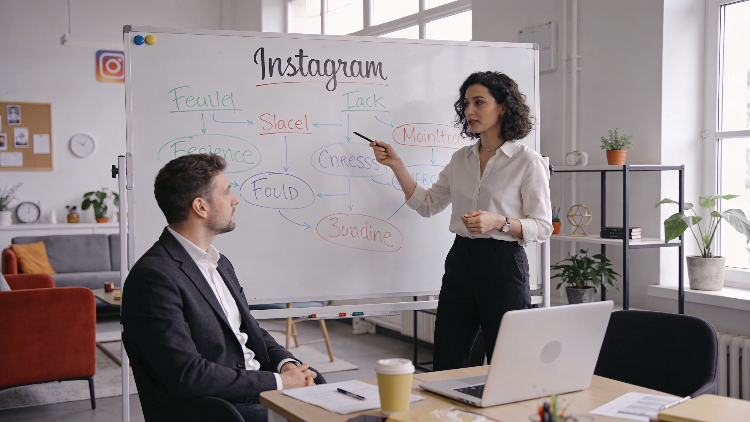Coach femme expliquant des stratégies de contenu Instagram à un homme d'affaires, un tableau blanc derrière eux avec des mots-clés comme 'Reels', 'Bio Optimisation', 'CTA', ambiance collaborative et professionnelle, style photo éditorial magazine