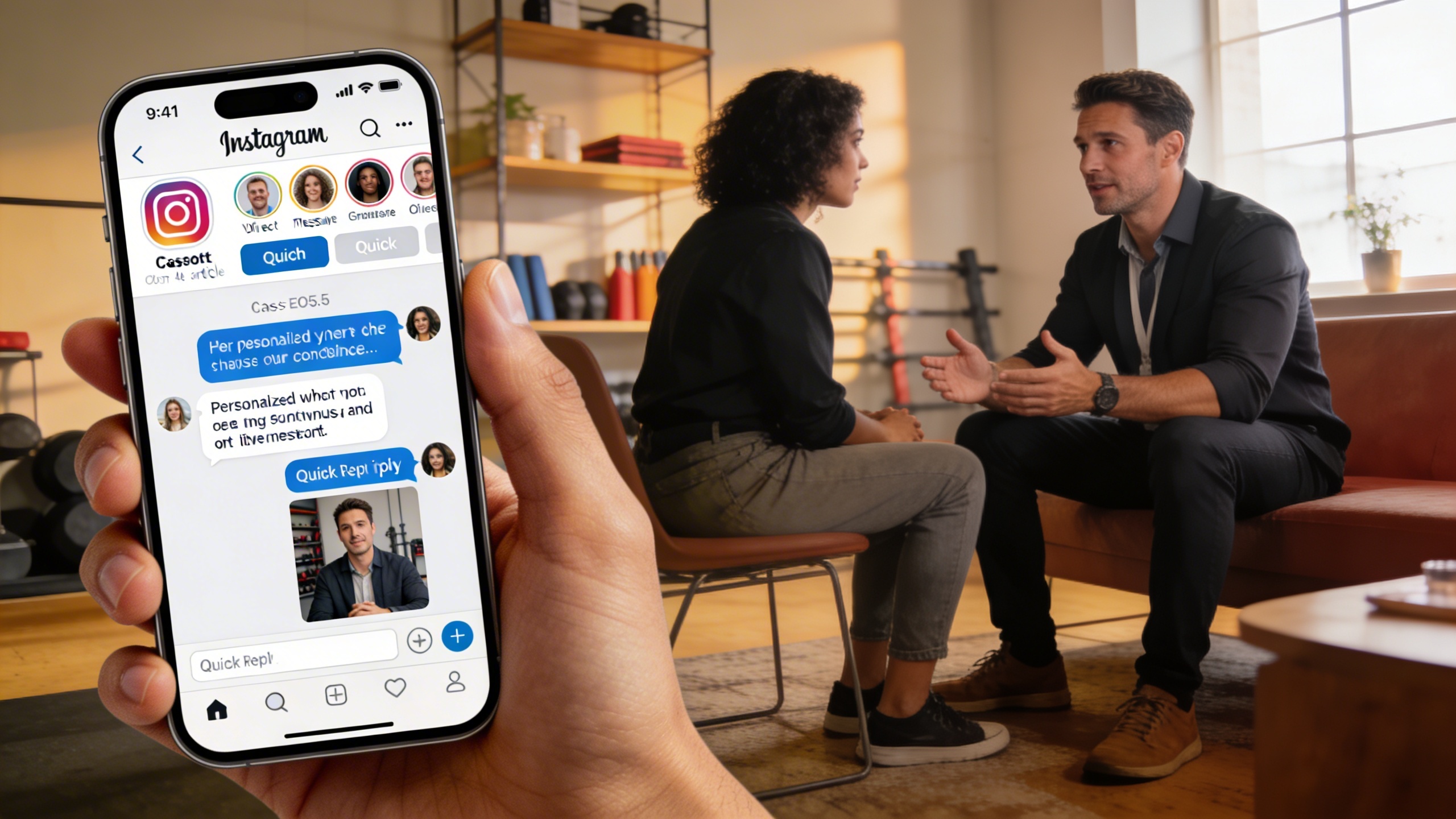 Coach homme engageant une conversation en DM sur Instagram avec un client potentiel, écran montrant des messages personnalisés et des boutons de réponse rapide, lumière douce et ambiance de confiance, style photo éditorial magazine