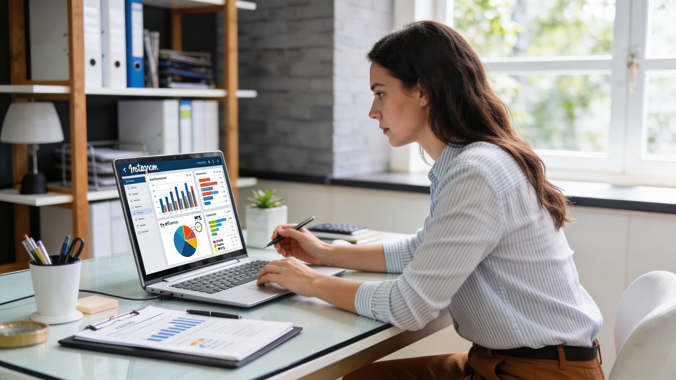 Coach femme devant un ordinateur portable, analysant des tableaux de bord Instagram avec des KPIs de performance, des graphiques en barres et des diagrammes circulaires, ambiance de bureau moderne, style photo éditorial magazine