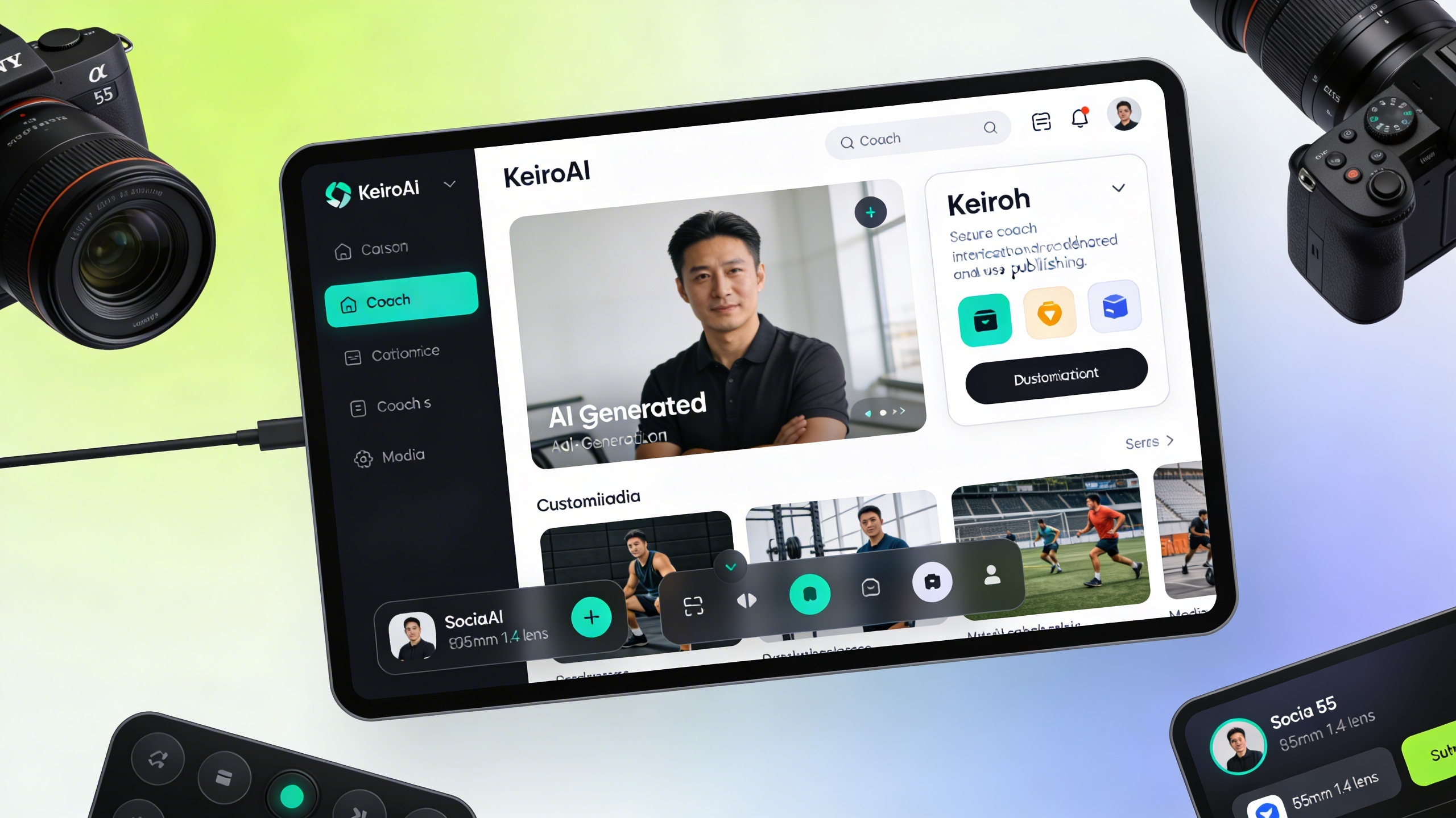 Interface utilisateur de KeiroAI montrant la génération de visuels IA pour un coach, des options de personnalisation et de publication, ambiance futuriste et intuitive, style interface utilisateur de haute technologie