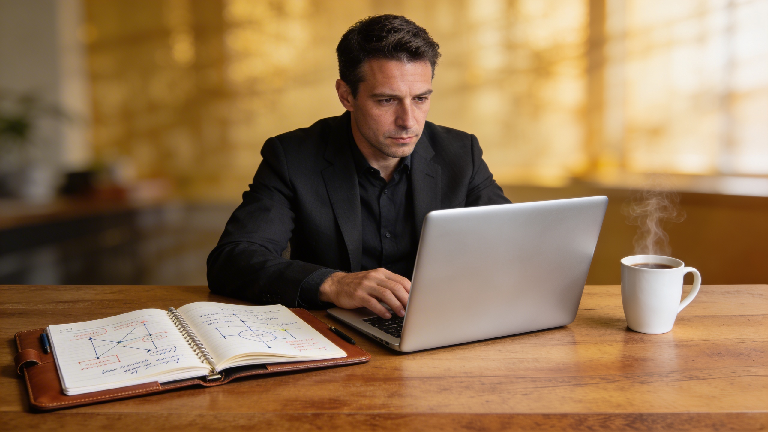 Coach travaillant sur un ordinateur portable, planifiant sa stratégie Instagram avec des notes et des schémas, tasse de café à côté, ambiance productive et organisée, style photo éditorial magazine