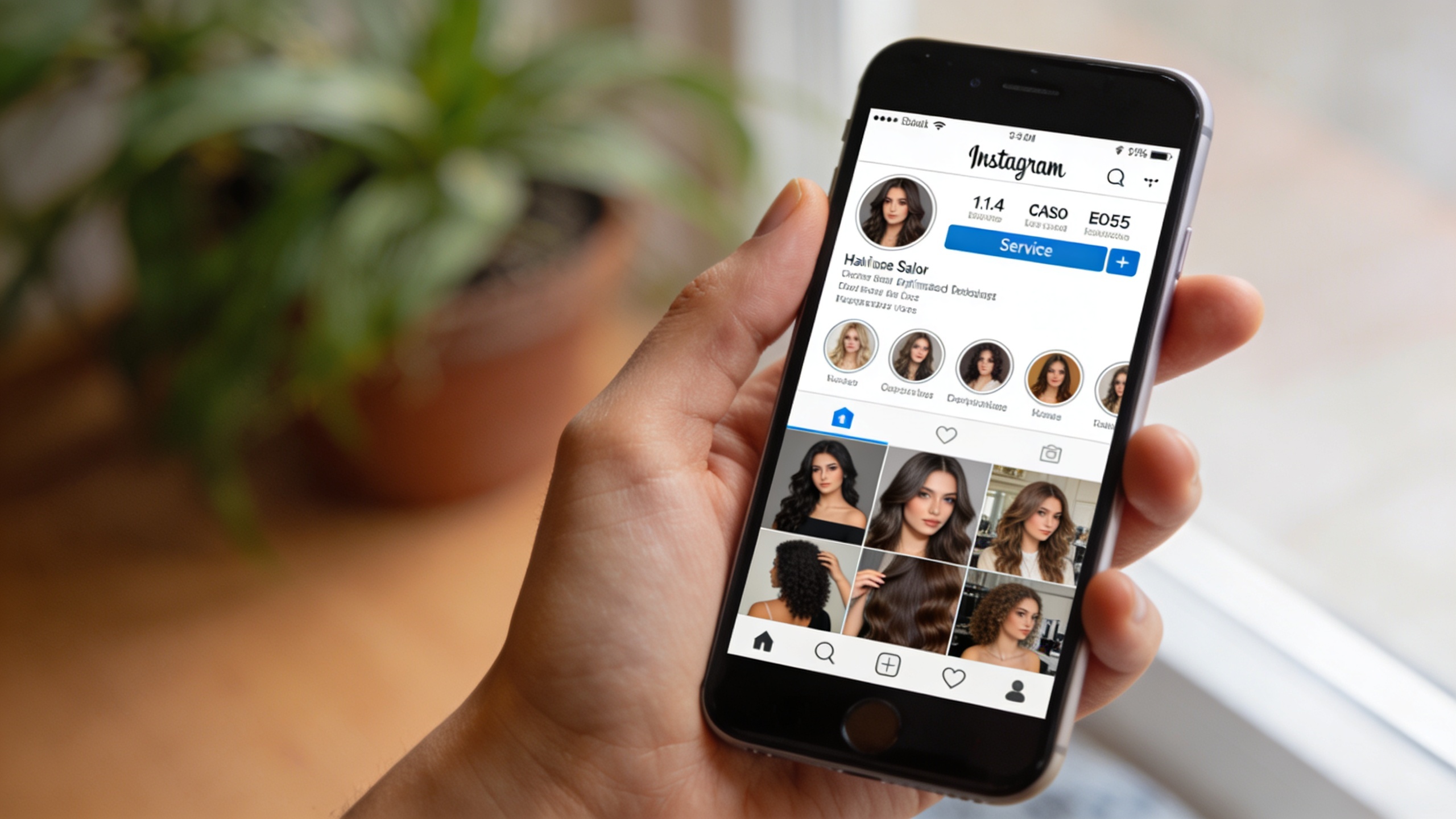 Écran de smartphone montrant un profil Instagram optimisé pour un salon de coiffure. La bio contient des mots-clés comme 'Coiffeur Coloriste Paris', des hashtags locaux. Des icônes de services cliquables sont visibles. Lumière douce, style minimaliste et épuré.