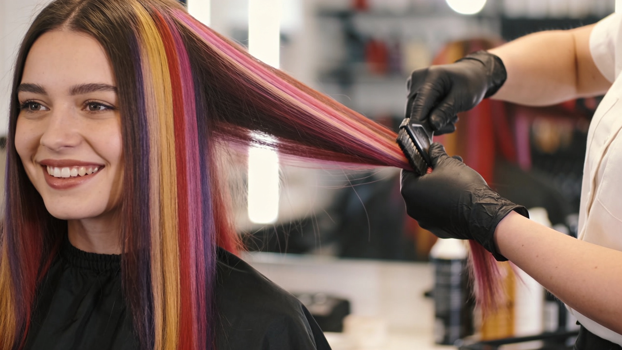 Coiffeuse en pleine action, réalisant un balayage sur une cliente souriante. L'image est un Reel Instagram avec du texte à l'écran 'Transformation Balayage', montrant les étapes clés. Ambiance lumineuse et moderne du salon, style photo réaliste et dynamique.