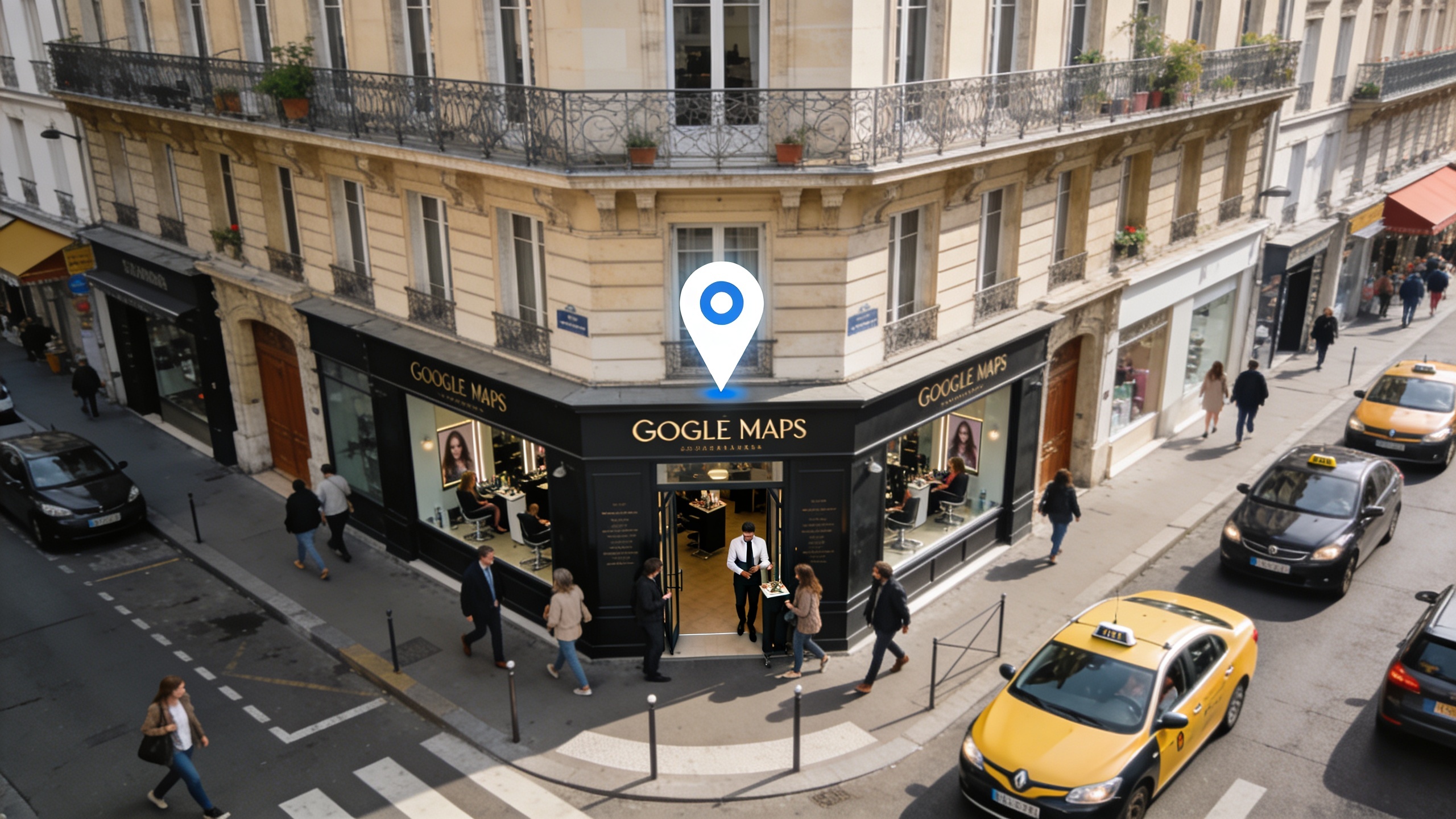 Vue aérienne d'un salon de coiffure animé dans un quartier urbain français (par exemple, le 6ème arrondissement de Lyon). Des clients entrent et sortent, des taxis passent. La carte Google Maps est visible en surimpression avec le pin du salon. Lumière du jour, style photo réaliste urbain.