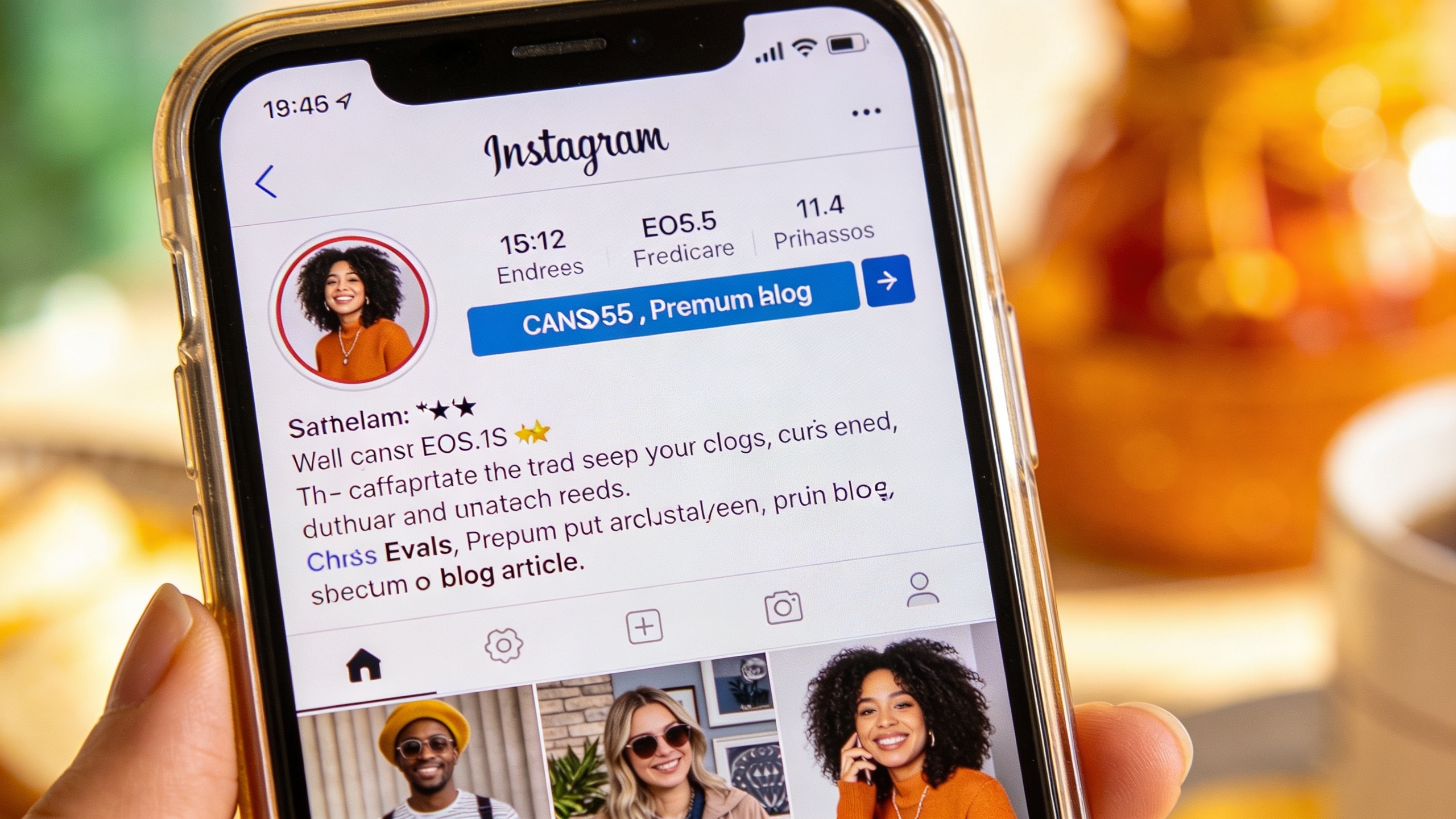 Gros plan sur une légende Instagram bien rédigée, visible sur un écran de smartphone. Le texte inclut des mots-clés, des hashtags pertinents, une question engageante et un emoji. Le fond est flou, ambiance chaleureuse et lumineuse.