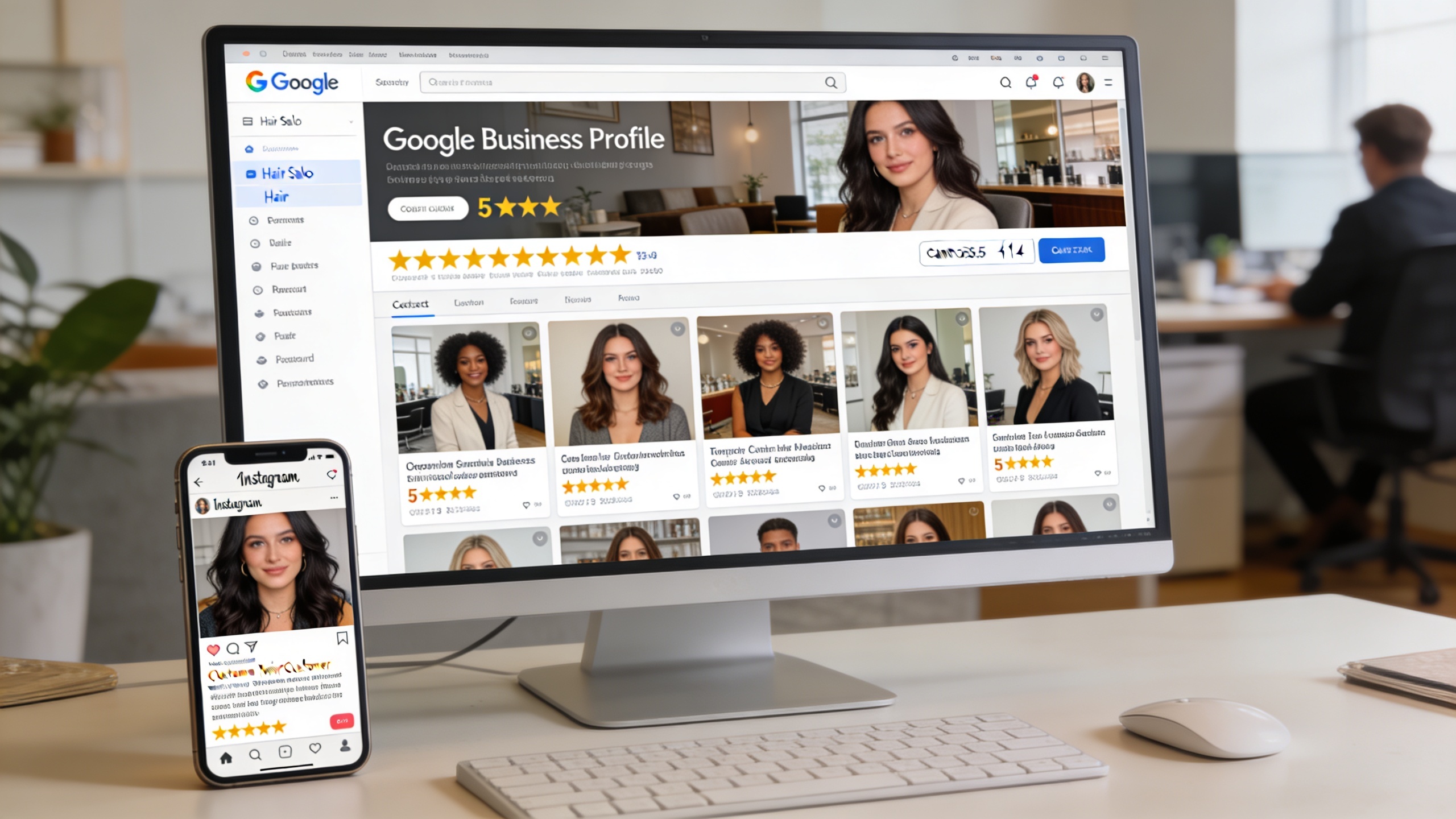 Fiche Google Business Profile d'un salon de coiffure sur un écran d'ordinateur, avec de nombreux avis 5 étoiles, des photos du salon, et des informations de contact claires. Un smartphone à côté affiche un post Instagram mettant en valeur un avis client. Ambiance de bureau moderne, lumière naturelle, style photo éditorial.