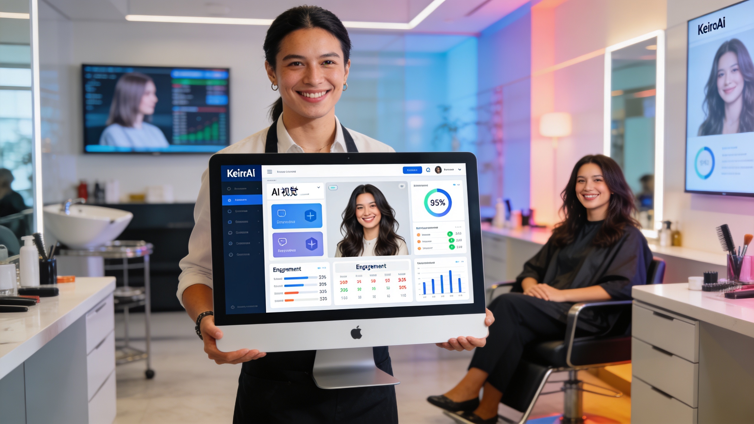 Coiffeur souriant montrant un écran d'ordinateur avec l'interface KeiroAI, affichant des options de génération de visuels IA et des statistiques d'engagement. Une cliente satisfaite est visible en arrière-plan. Ambiance de salon moderne, technologie intégrée, style photo réaliste et inspirant.